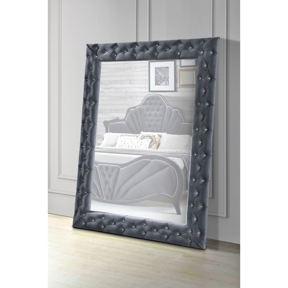 ACME Mirror NOT beveled () • Padded Trim: Velvet w/Crystal-like Button Tufted • Shape: Rectangular • Orientation: Landscape (Horizontal) | Meri Furniture
