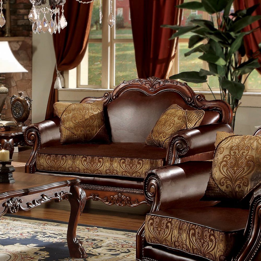 ACME Dresden - Loveseat - Brown PU & Chenille, Cherry Oak | Meri Furniture