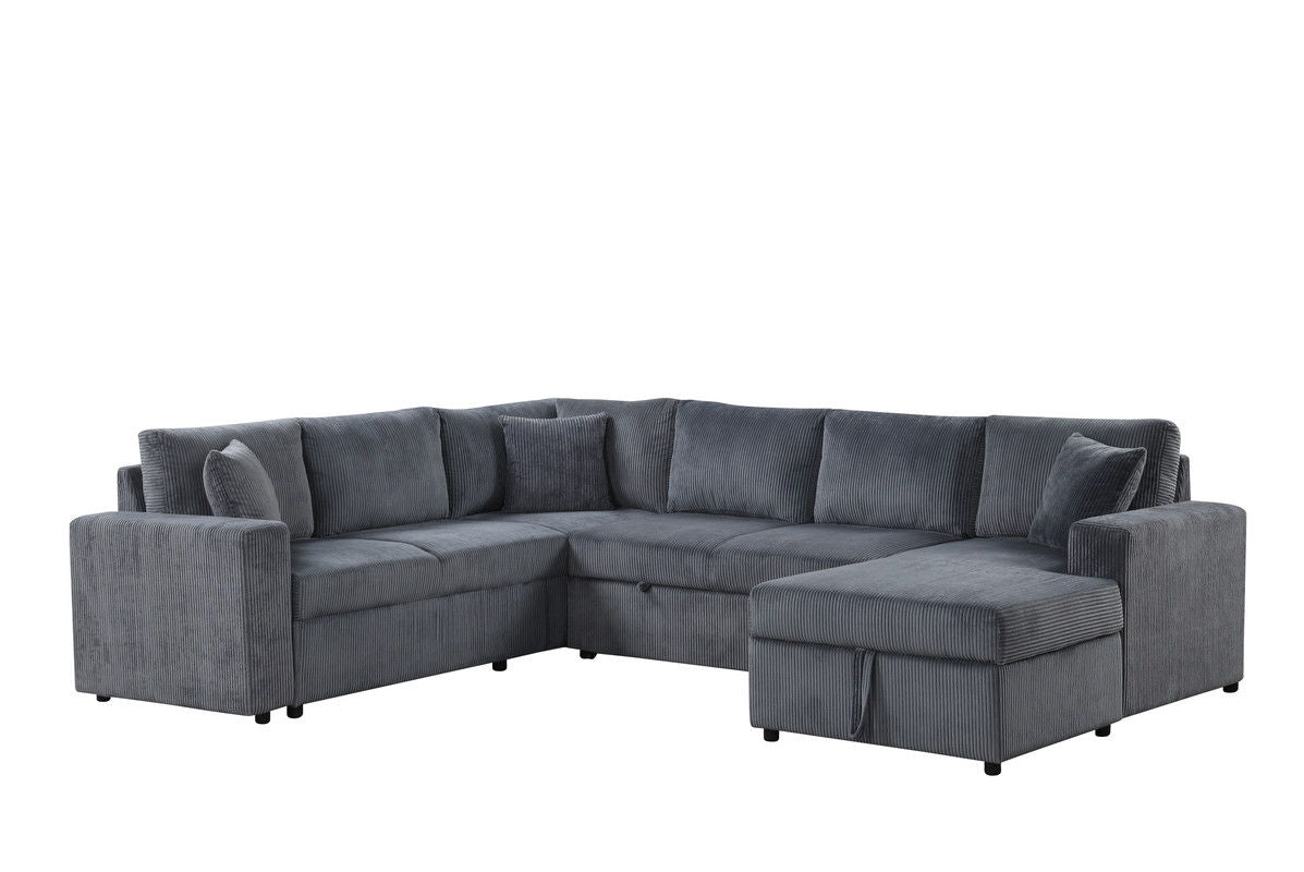 Ruxley 123"W Gray Corduroy Sleeper Sectional Sofa with Right-Facing Storage Chaise and Throw Pillows