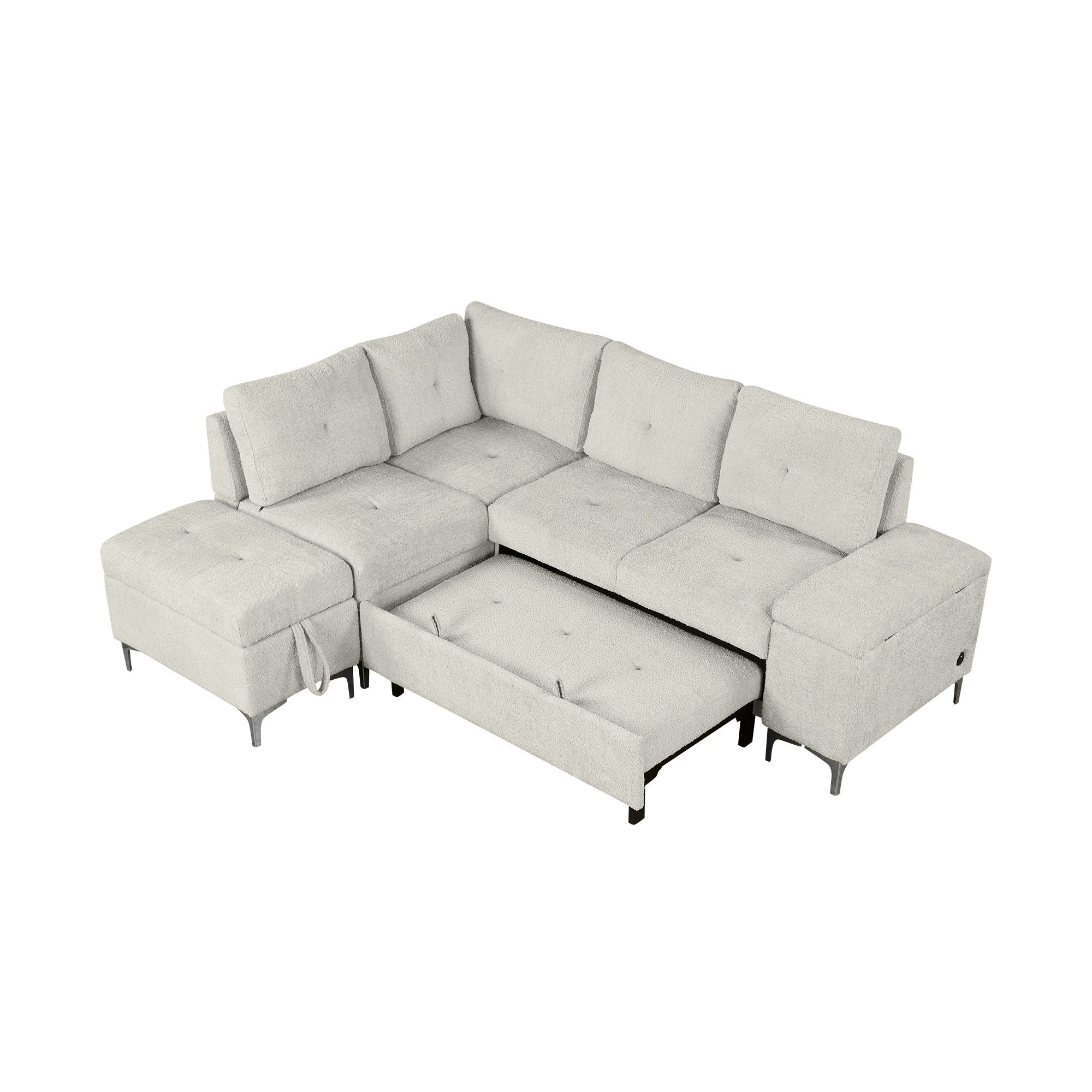Versatile L Shaped Sofa Bed With Storage, Cup Holders, USB Ports Chenille