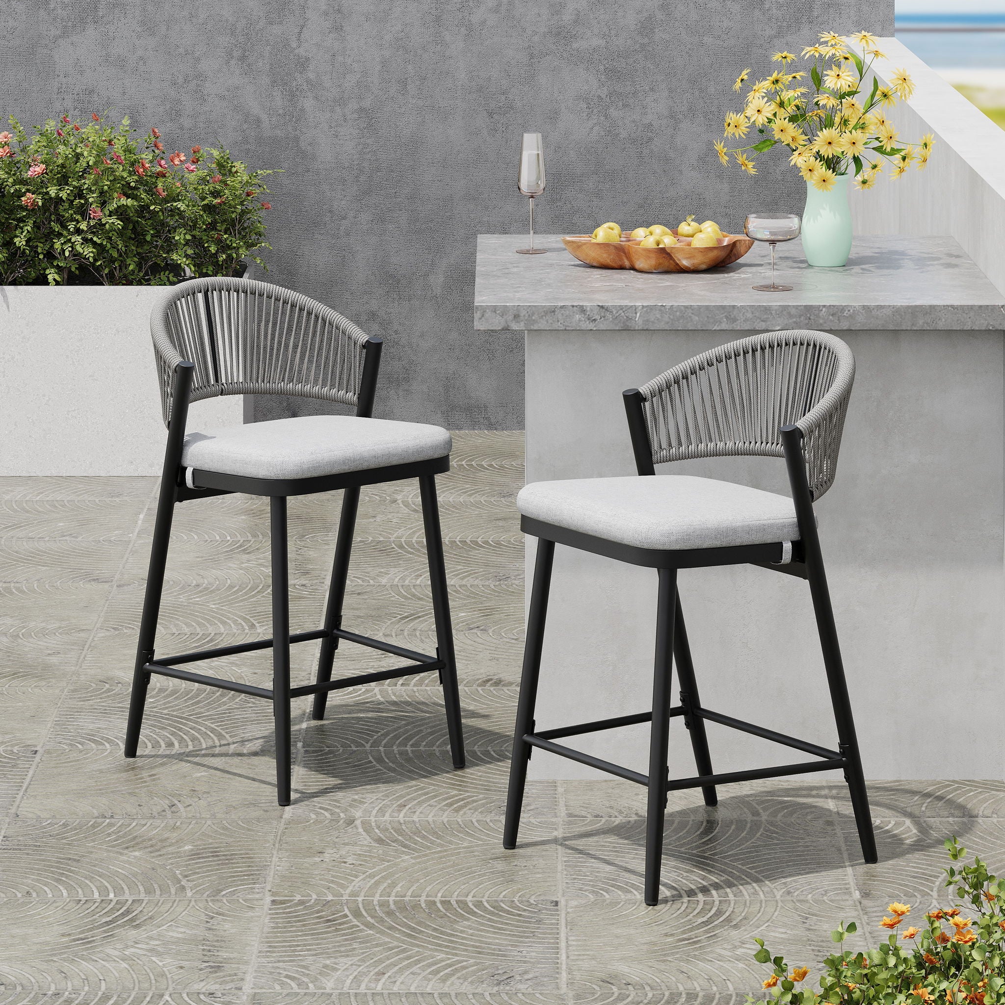 Outdoor 26" Counter Height Metal Frame Counter Stools With Scallop Shaped Backrest & Water Resistant Cushions