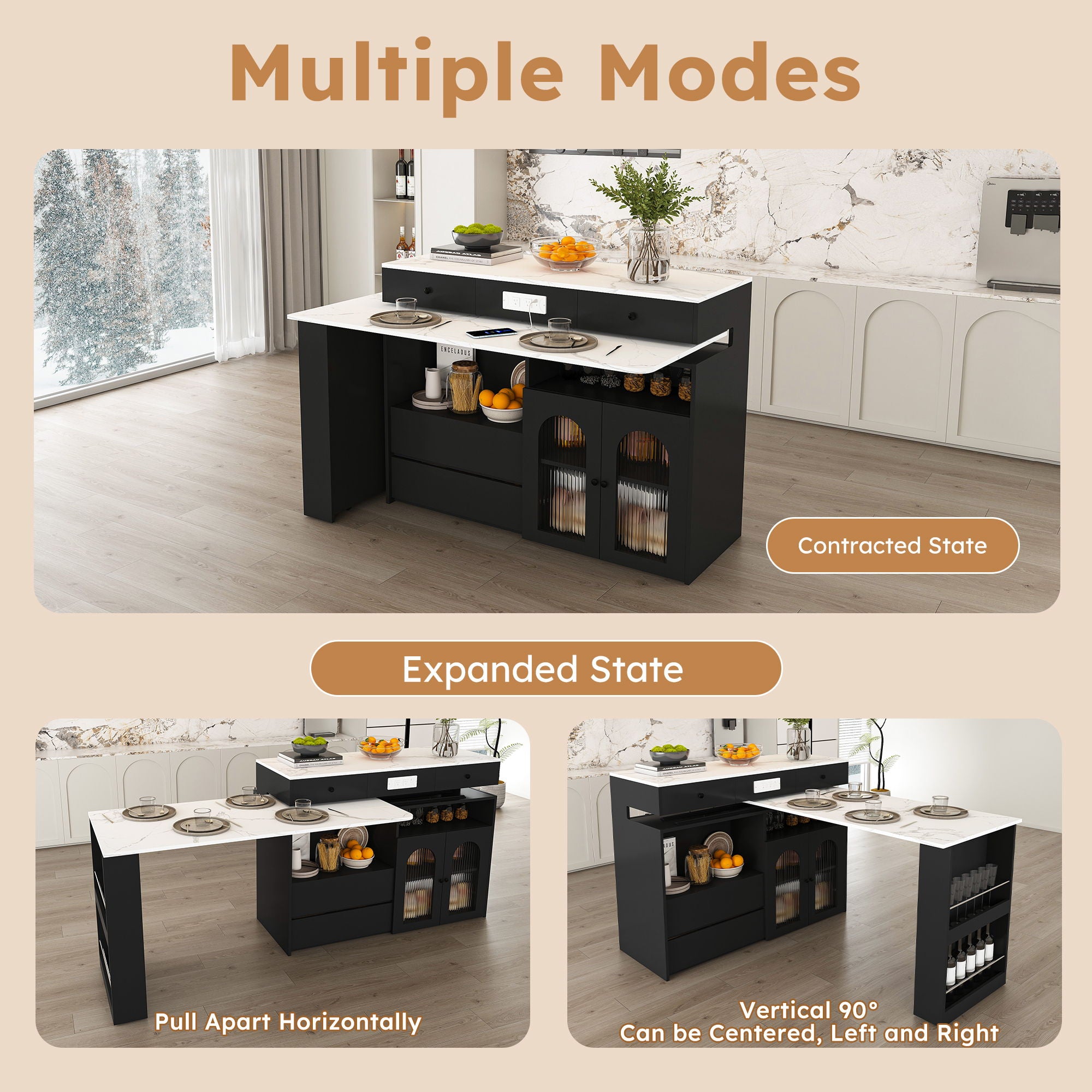 Kitchen Island With Extendable Rotating Table, 4 Drawers & Glass Door Cabinets, Built In Socket - Black