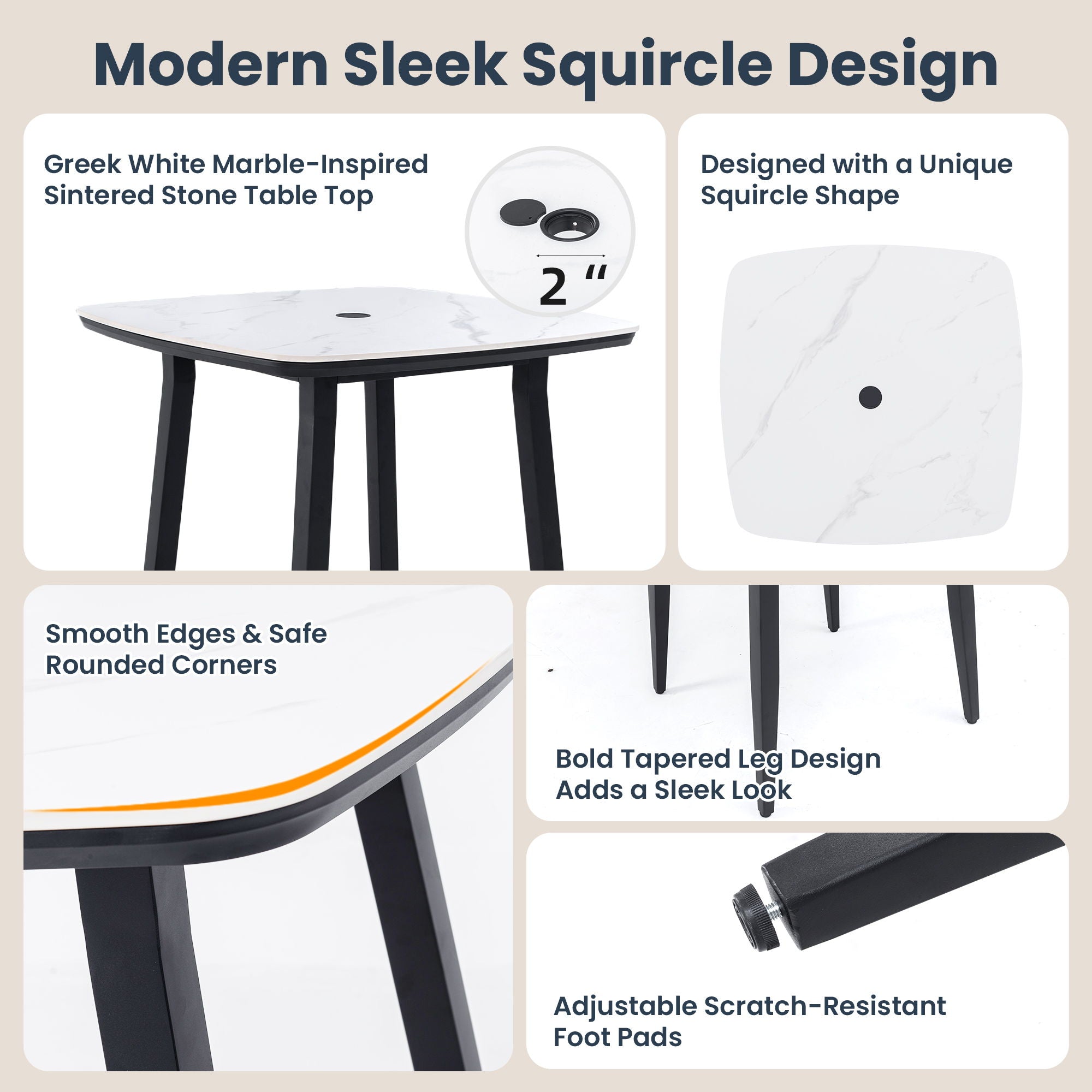 5 Pieces Outdoor Patio Bar Set, Rounded Square Sintered Stone Table & 4 Swivel Bar Chairs