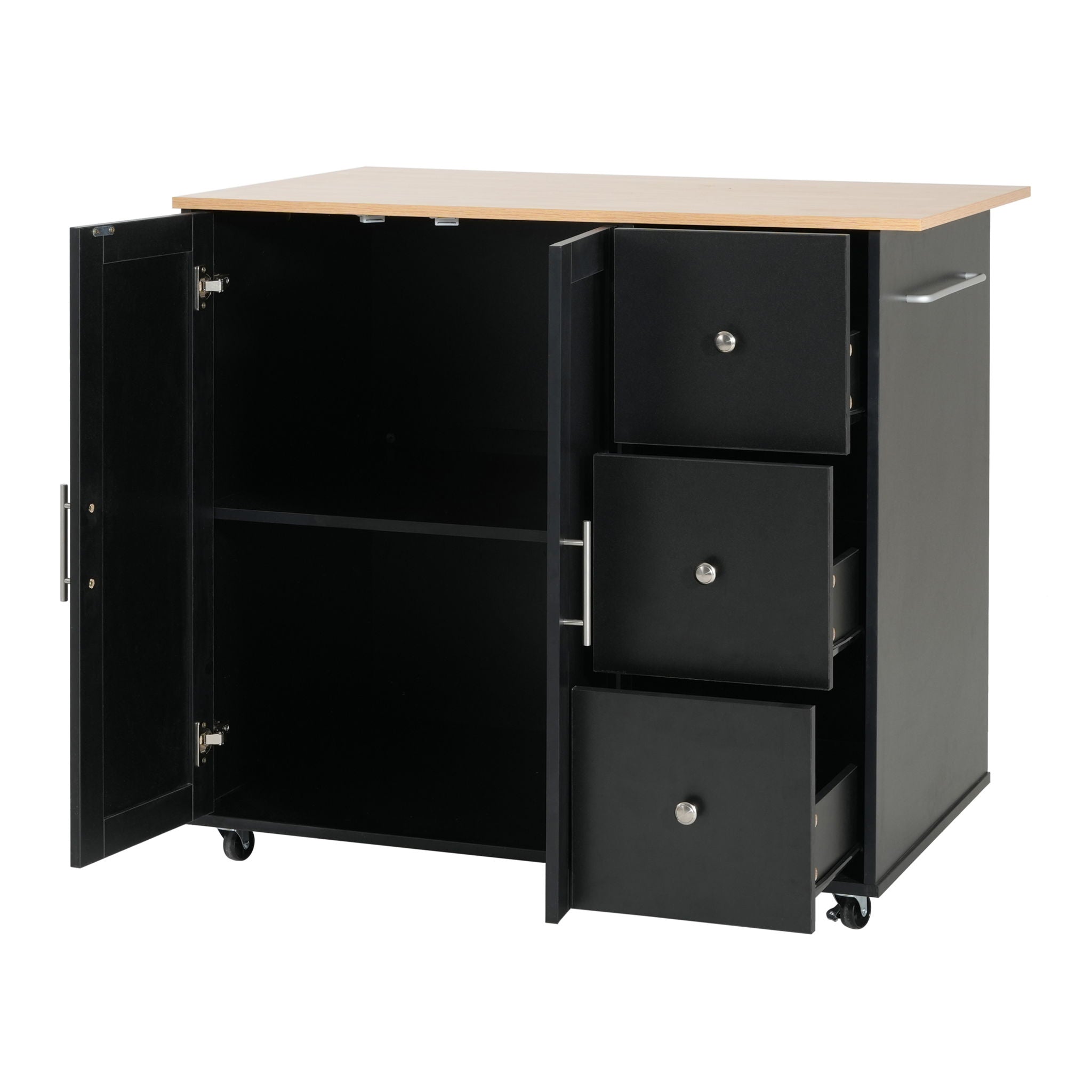 Mobile Kitchen Cart With Storage With 2 Doors, 3 Drawers & Adjustable Shelf - Black / Natural