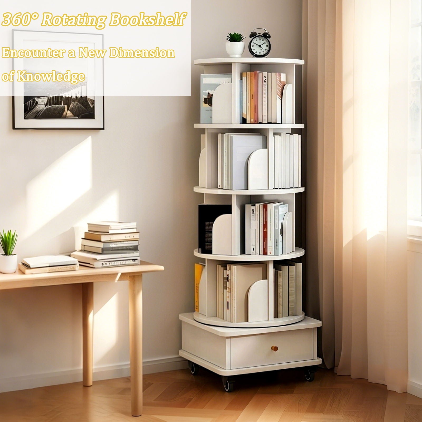 Rotating Bookshelf With Wheels And Drawer, 360° Spinning Design, Space Saving Storage