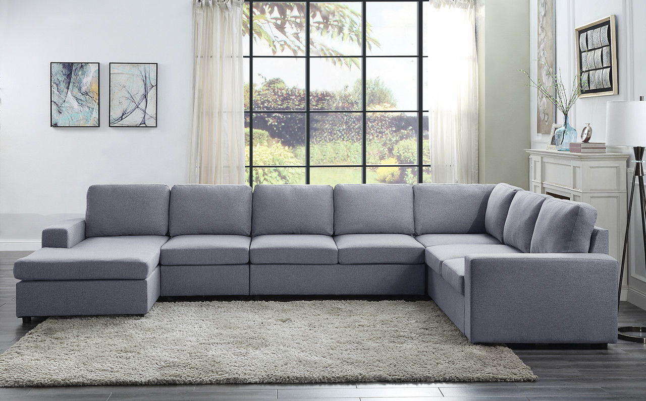 Tifton 147"W Light Gray Linen 7 Seat Reversible Modular Sectional Sofa Chaise