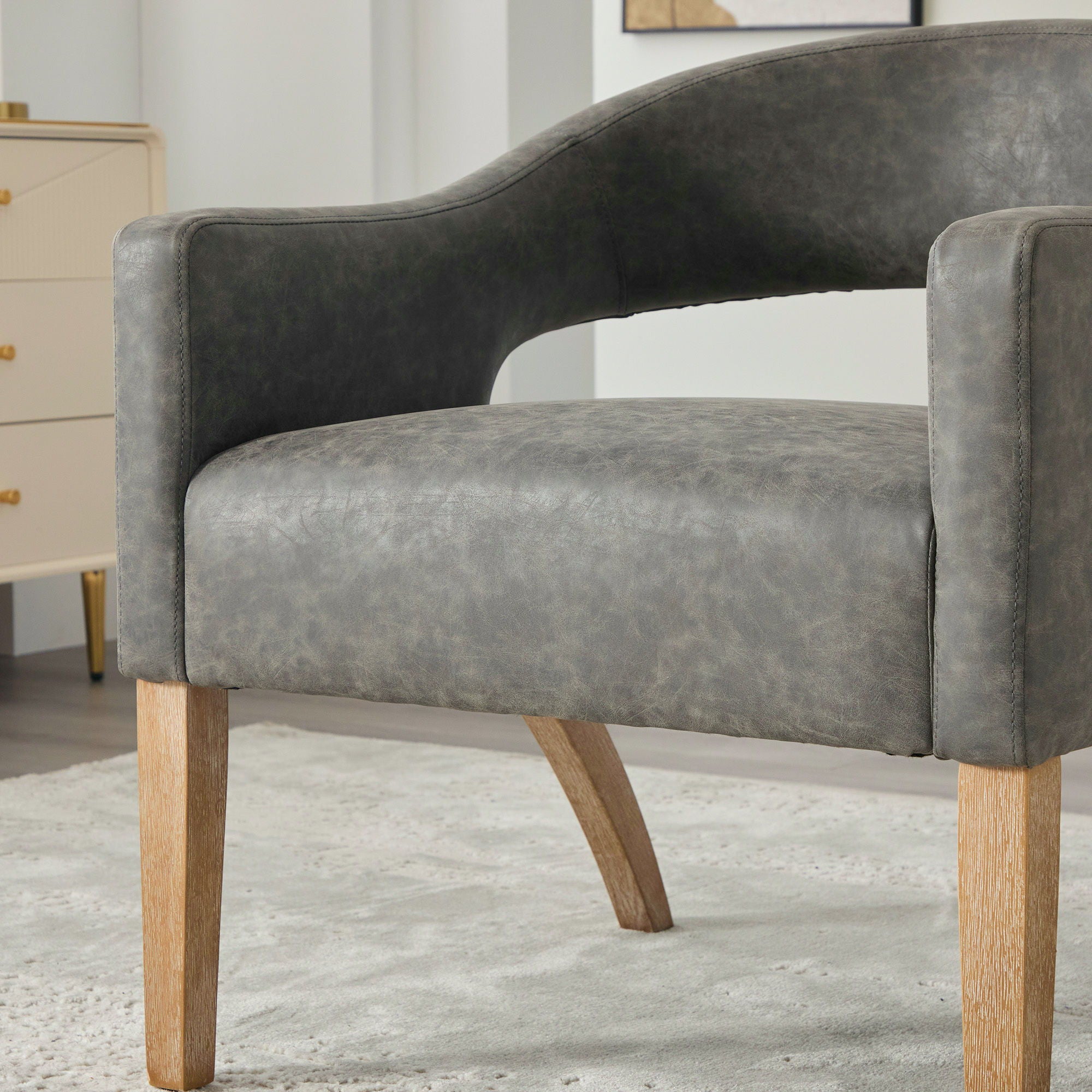 Upholstered Open Back Armchair With Weathered Rubberwood Legs