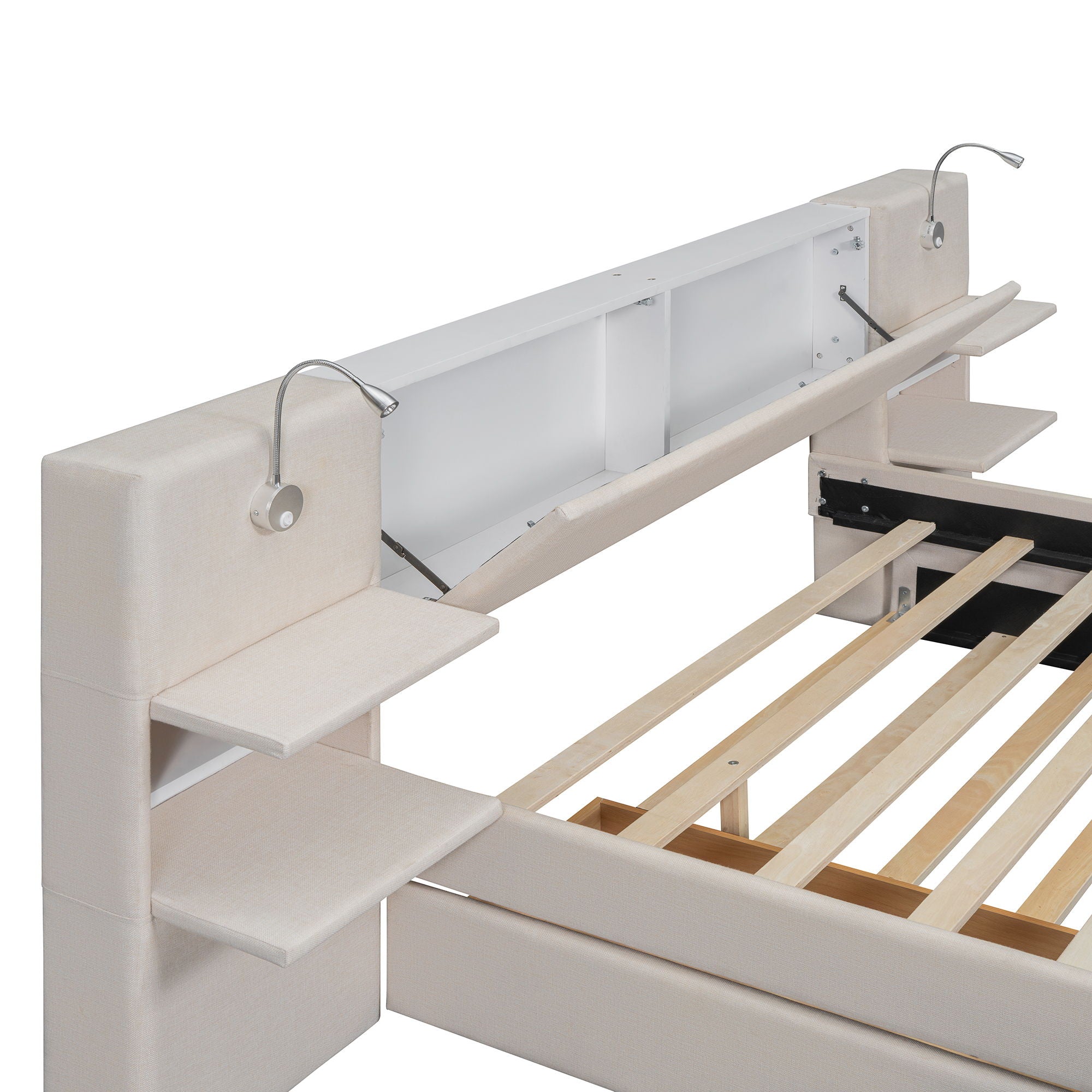 Upholstered Platform Bed With Reading Lights, Drawers, Trundle And Shelves