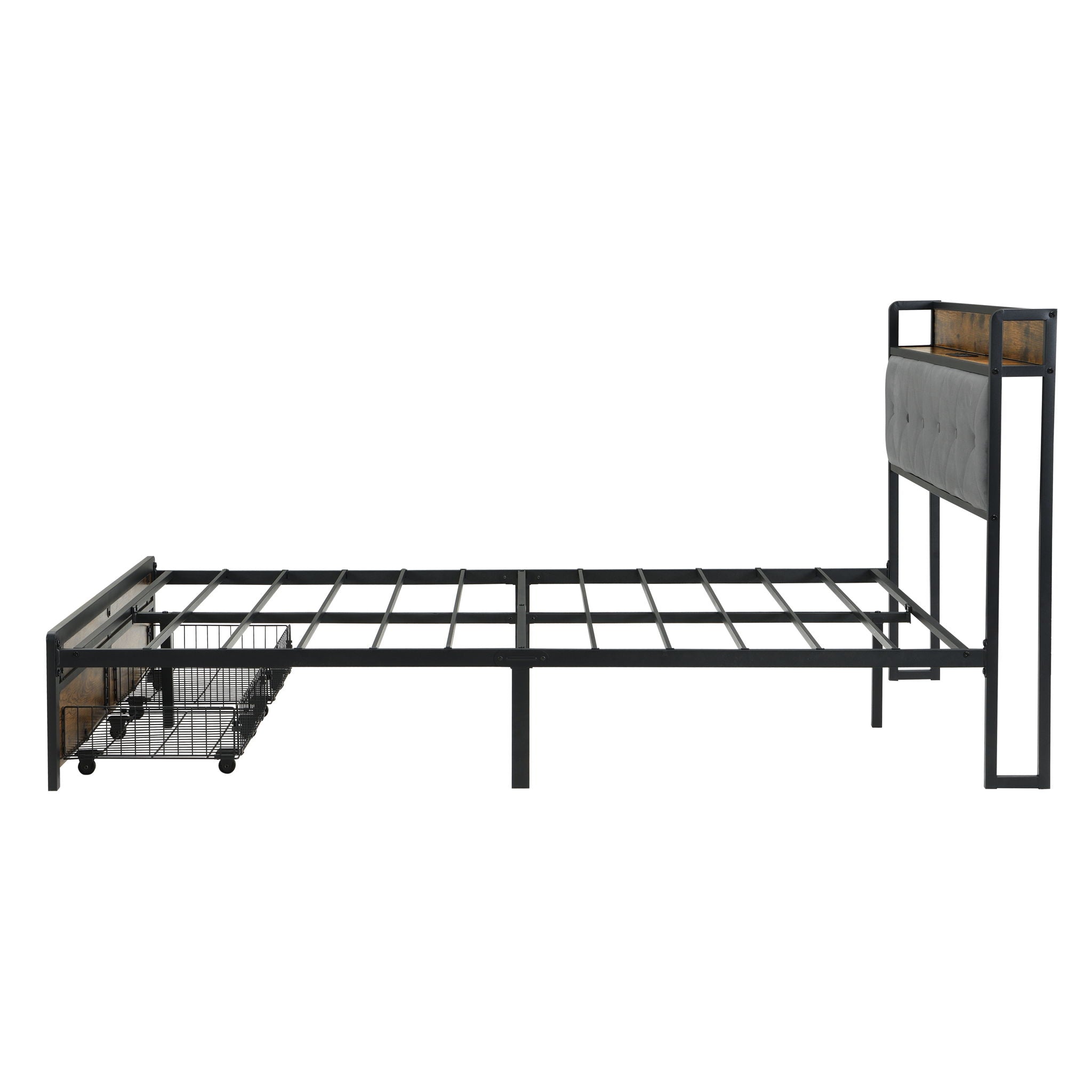 Modern Bed Frame With LED Lights, Upholstered Headboard, USB Charging