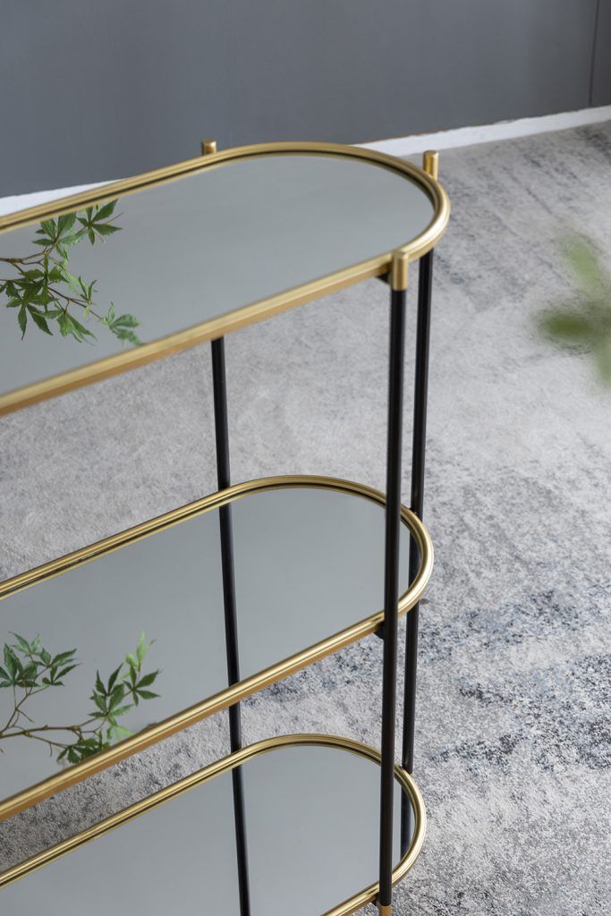 3 Tier Metal Console Table, Mirrored Shelf - Golden Black