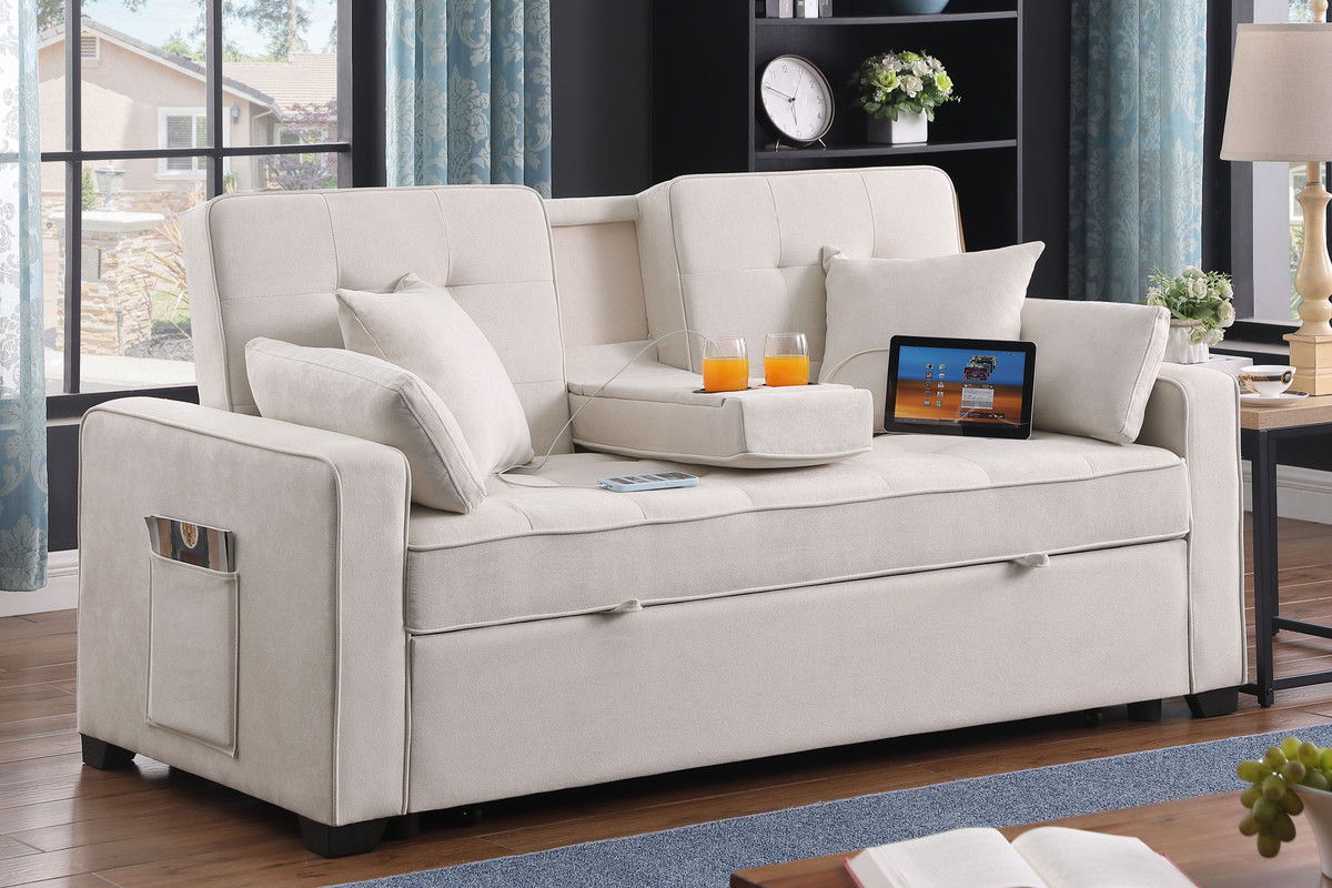 Cody II 70"W Beige Woven Fabric Convertible Sleeper Loveseat with Dropdown Console, Cup Holders, Charging Ports, Pocket, and Pocket Coil Seating