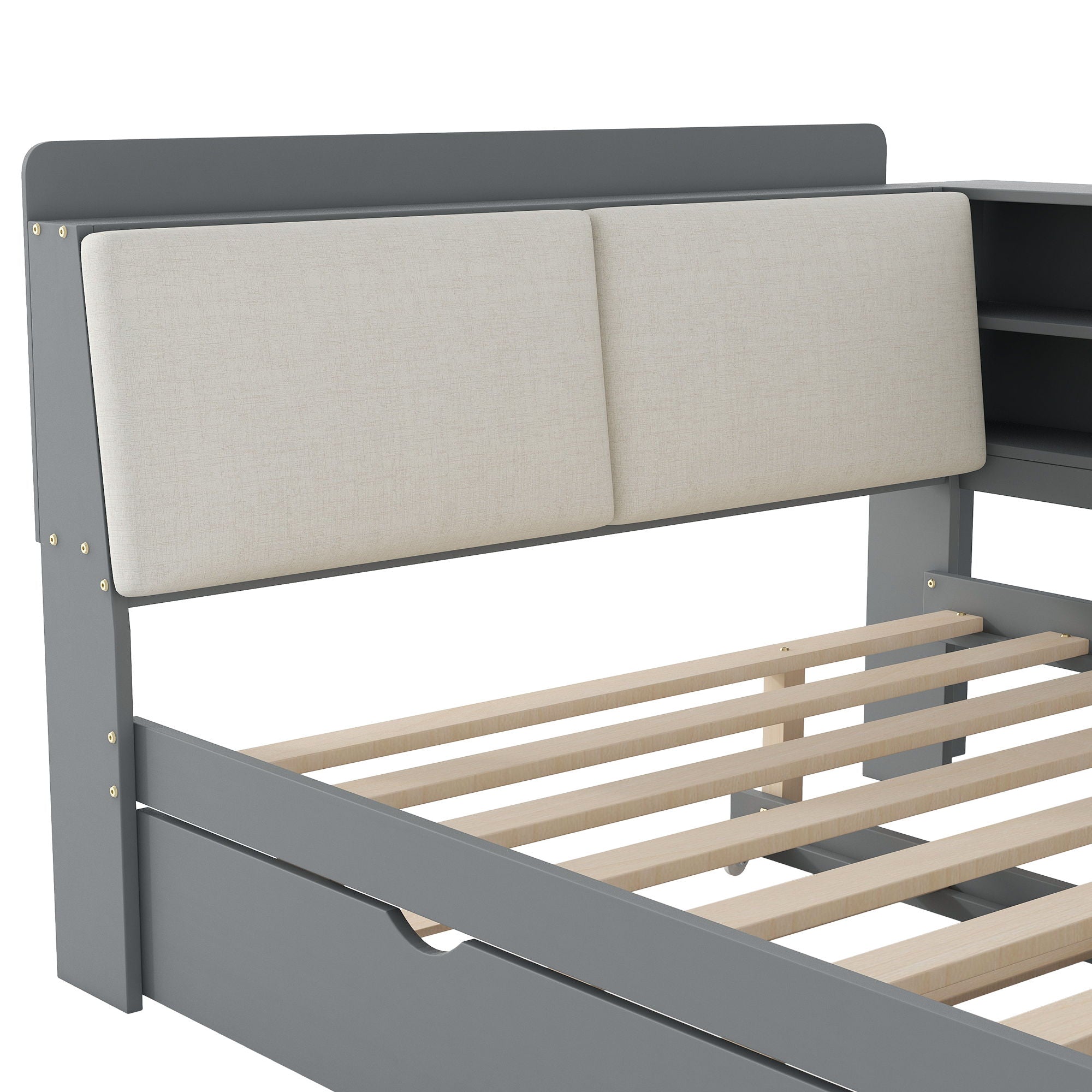Platform Bed With Trundle, Shelves, And Storage Headboard