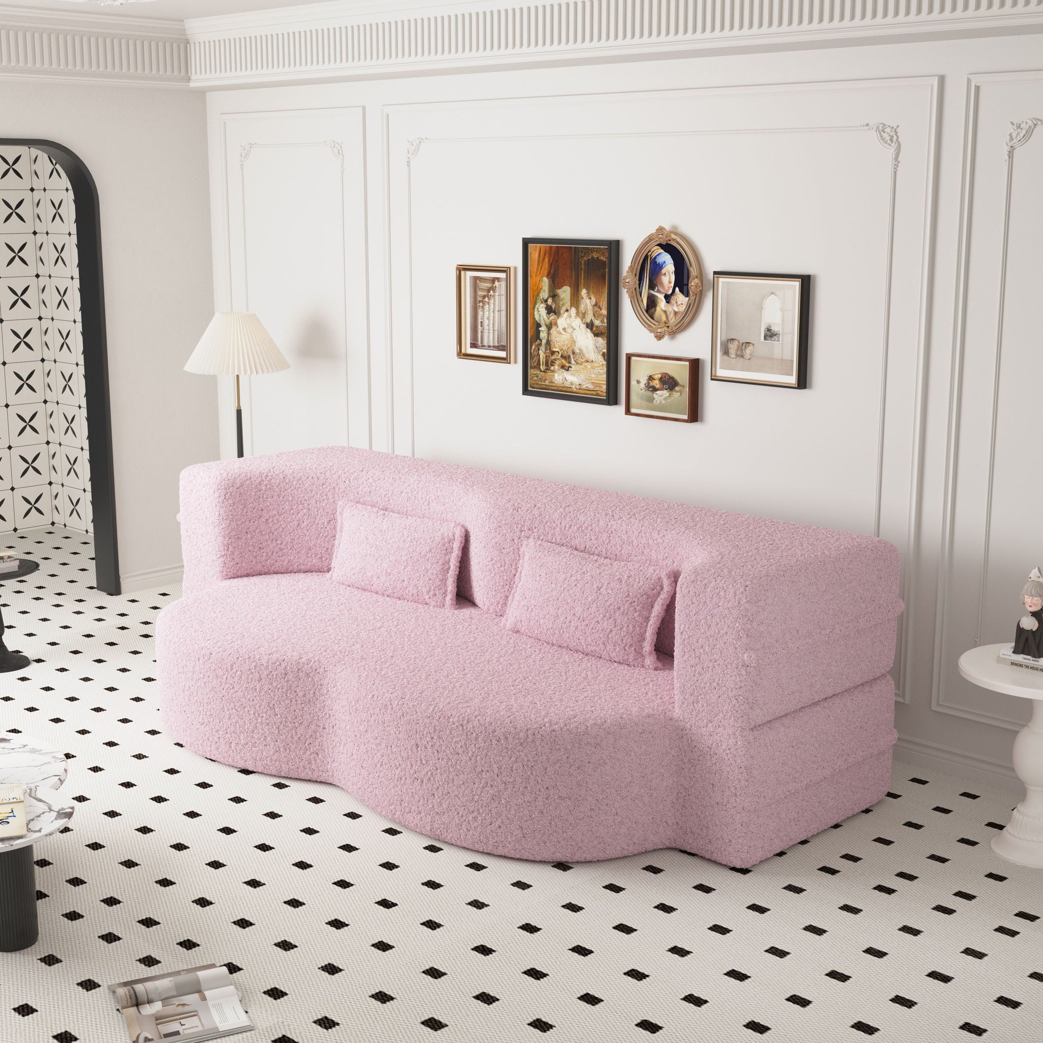 Modern Floor Sofa, With 2 Pillows, Convertible Teddy Fabric Foam Filled Bed