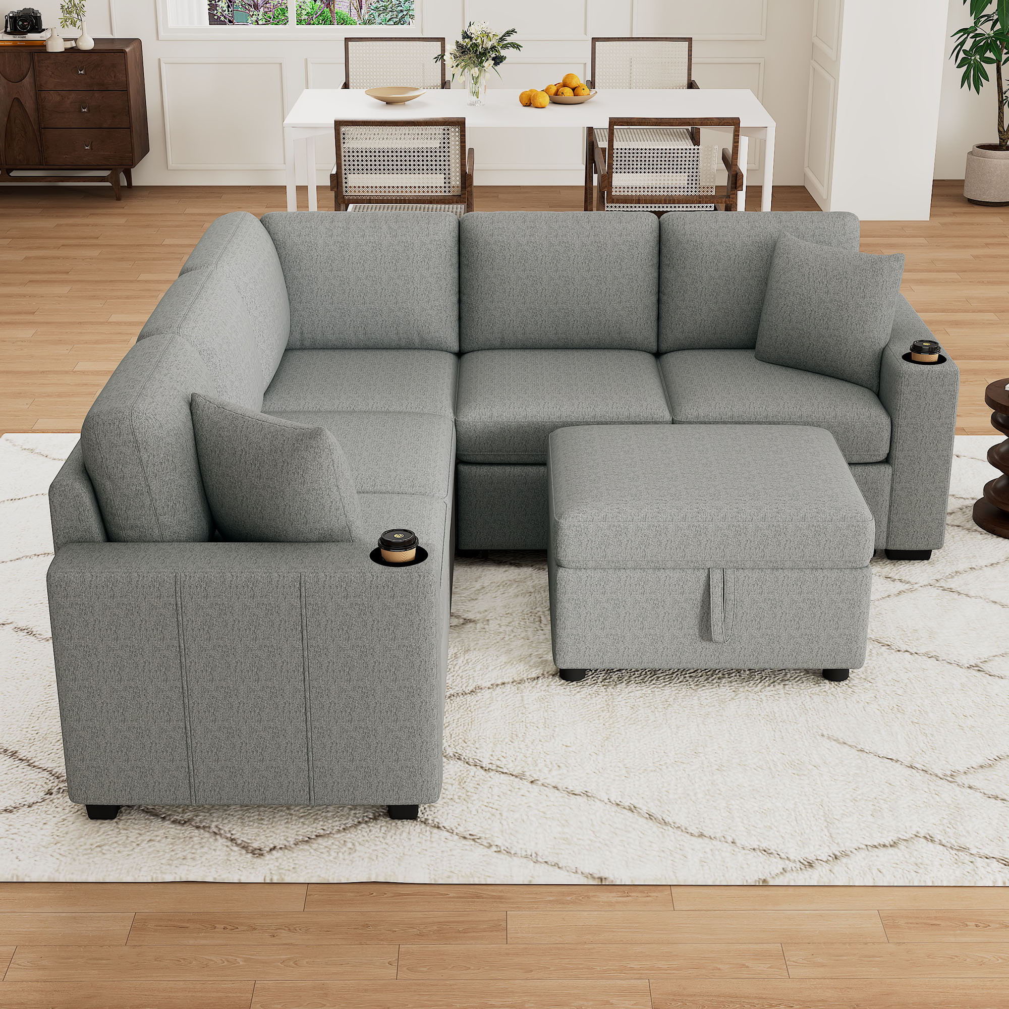 Sectional Sofa Convertible Pull-Out Sofa Bed With A Movable Storage Ottoman For Living Room
