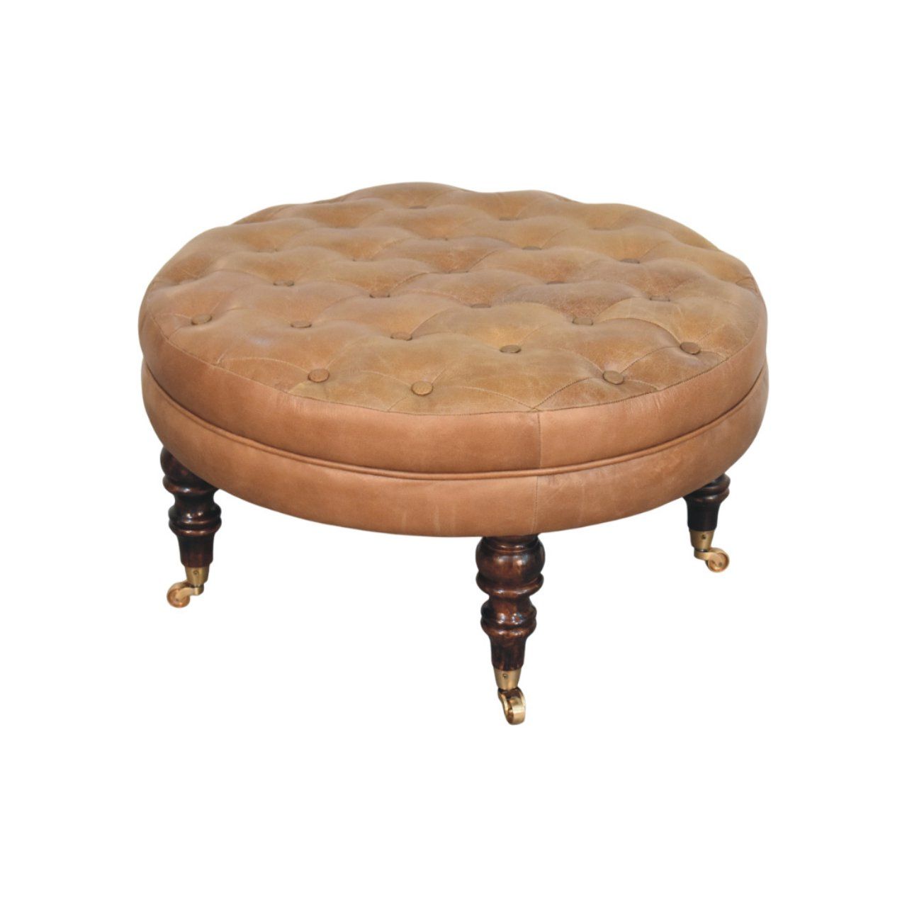 Buffalo - Leather Round Ottoman With Castor Legs - Brown