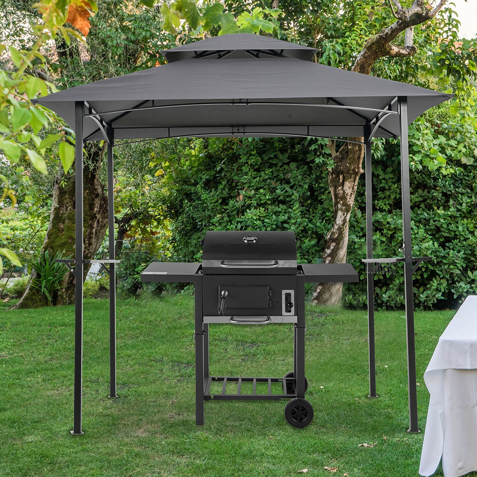 Outdoor Grill Gazebo With Double Tier Soft Top Canopy, Steel Frame, Bar Counters & Hook