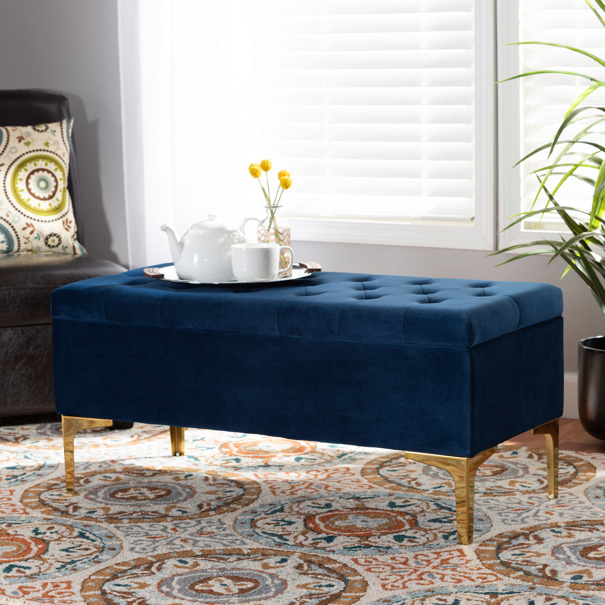 Valere Glam and Luxe Navy Blue Velvet Fabric Upholstered Gold Finished Button Tufted Storage Ottoman