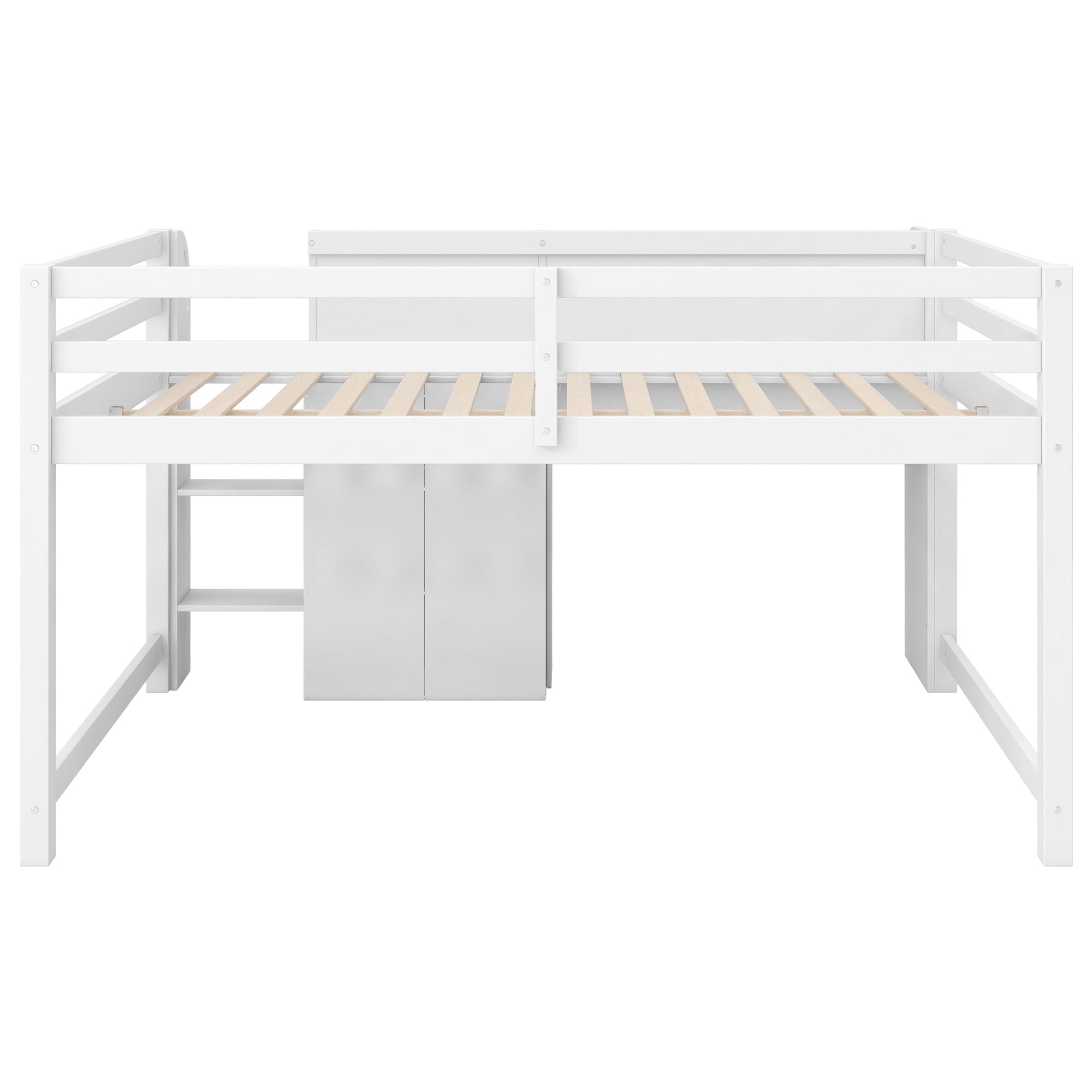 Low Loft Bed With Built In Desk, Storage Cabinets, Open Bookcase And Doodle Blackboard