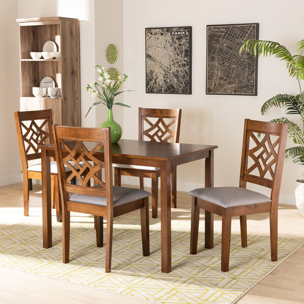 Nicolette Modern and Contemporary Grey Fabric Upholstered and Walnut Brown Finished Wood 5-Piece Dining Set