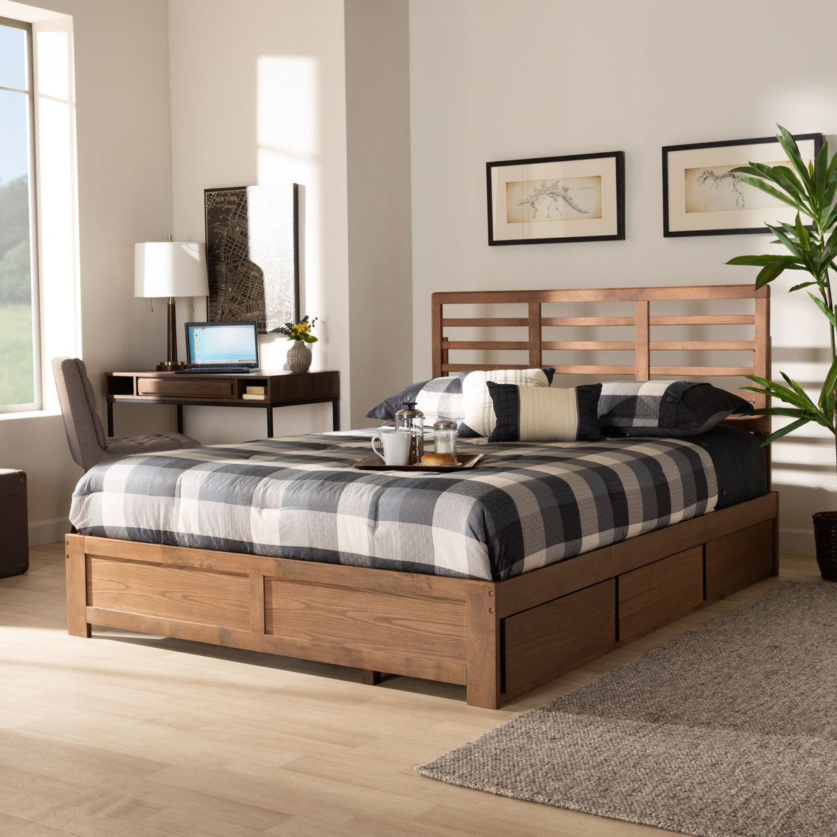Piera Modern and Contemporary Transitional Ash Walnut Brown Finished Wood Queen Size 3-Drawer Platform Storage Bed
