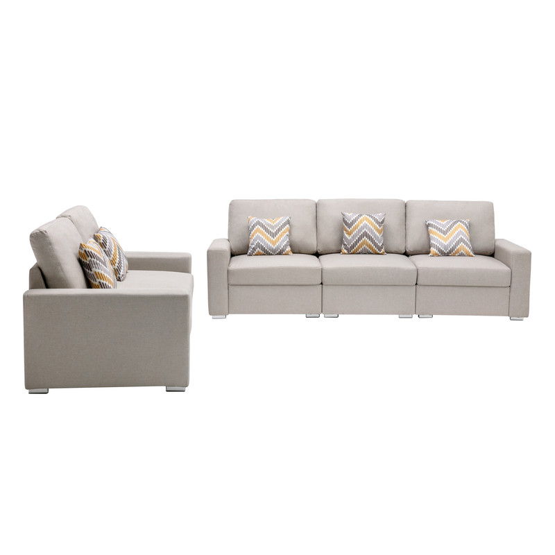Nolan 95.5"W Beige Linen Fabric Sofa and Loveseat Living Room Set with Pillows and Interchangeable Legs