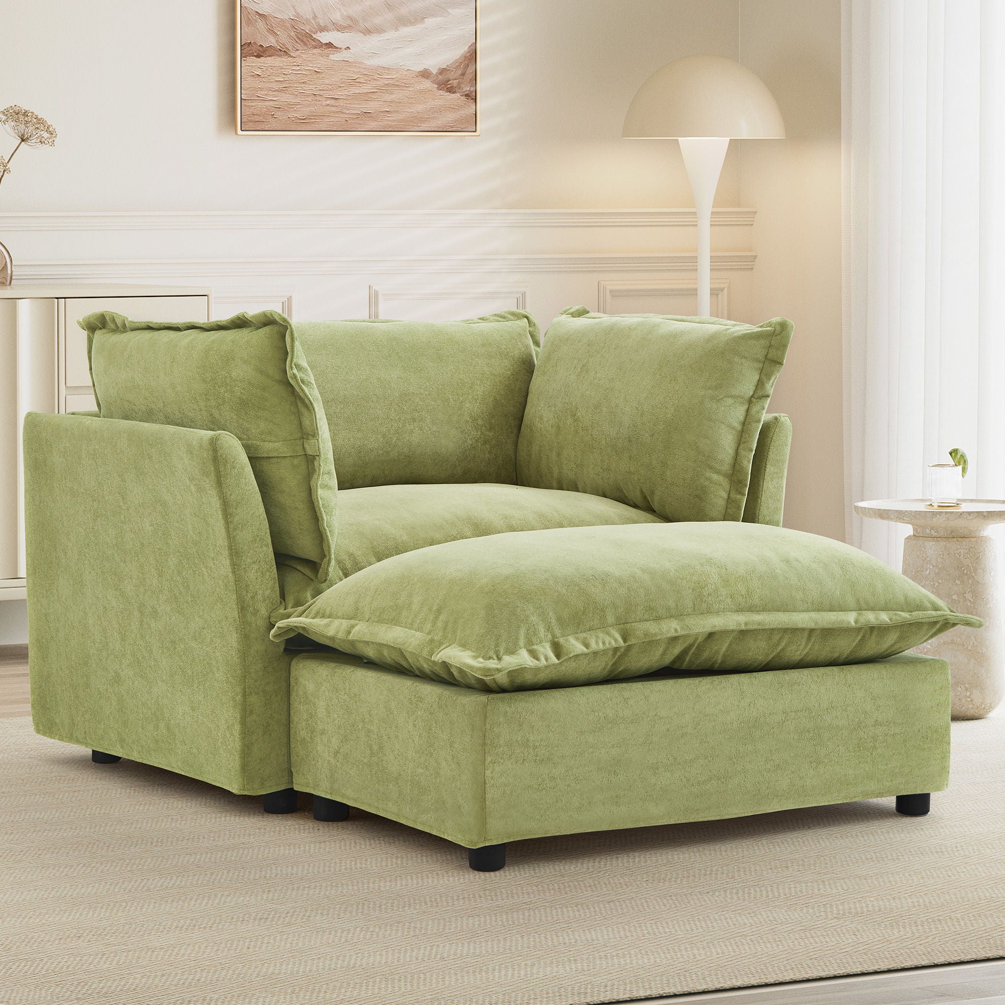 Modern Cozy Upholstered Armchair Sofa With Movable Ottoman