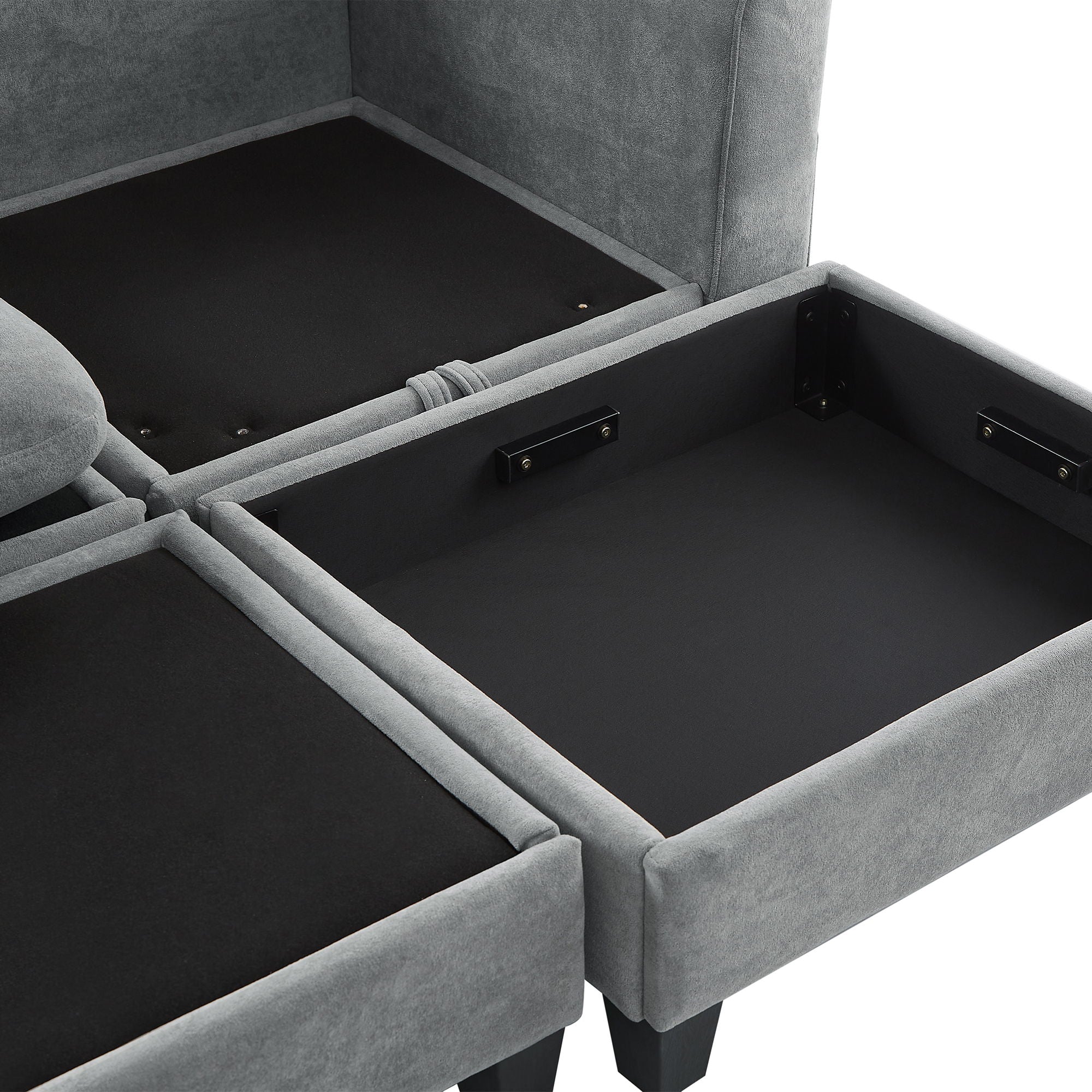 Upholstered L Shaped Sectional Sofa With Storage, Movable Ottoman, And 6 Throw Pillows