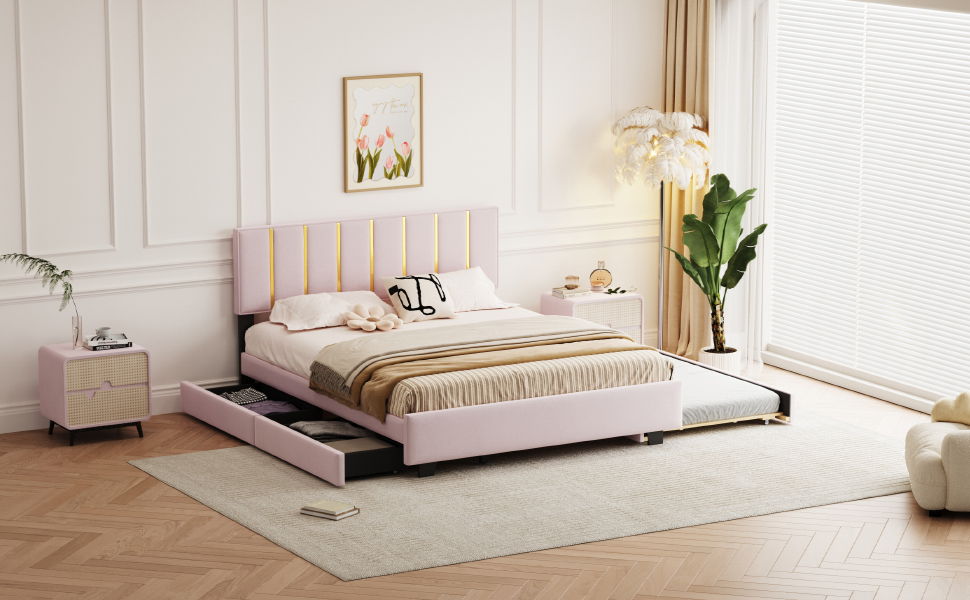 Upholstered Platform Bed With 2 Drawers And 1 Trundle, Classic Strip Headboard Design