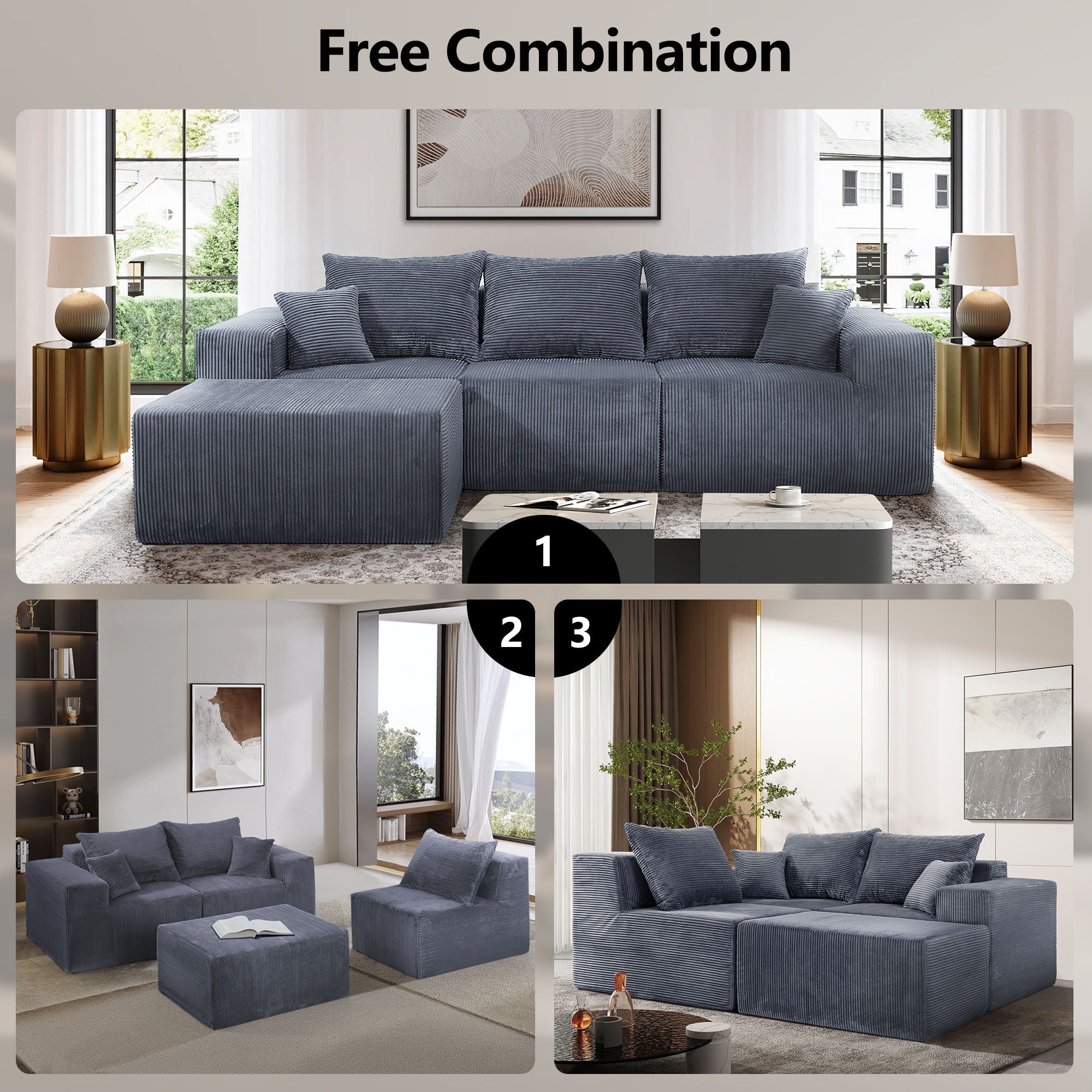 Modular Sectional Sofa, Convertible Couch With Chaise Corduroy