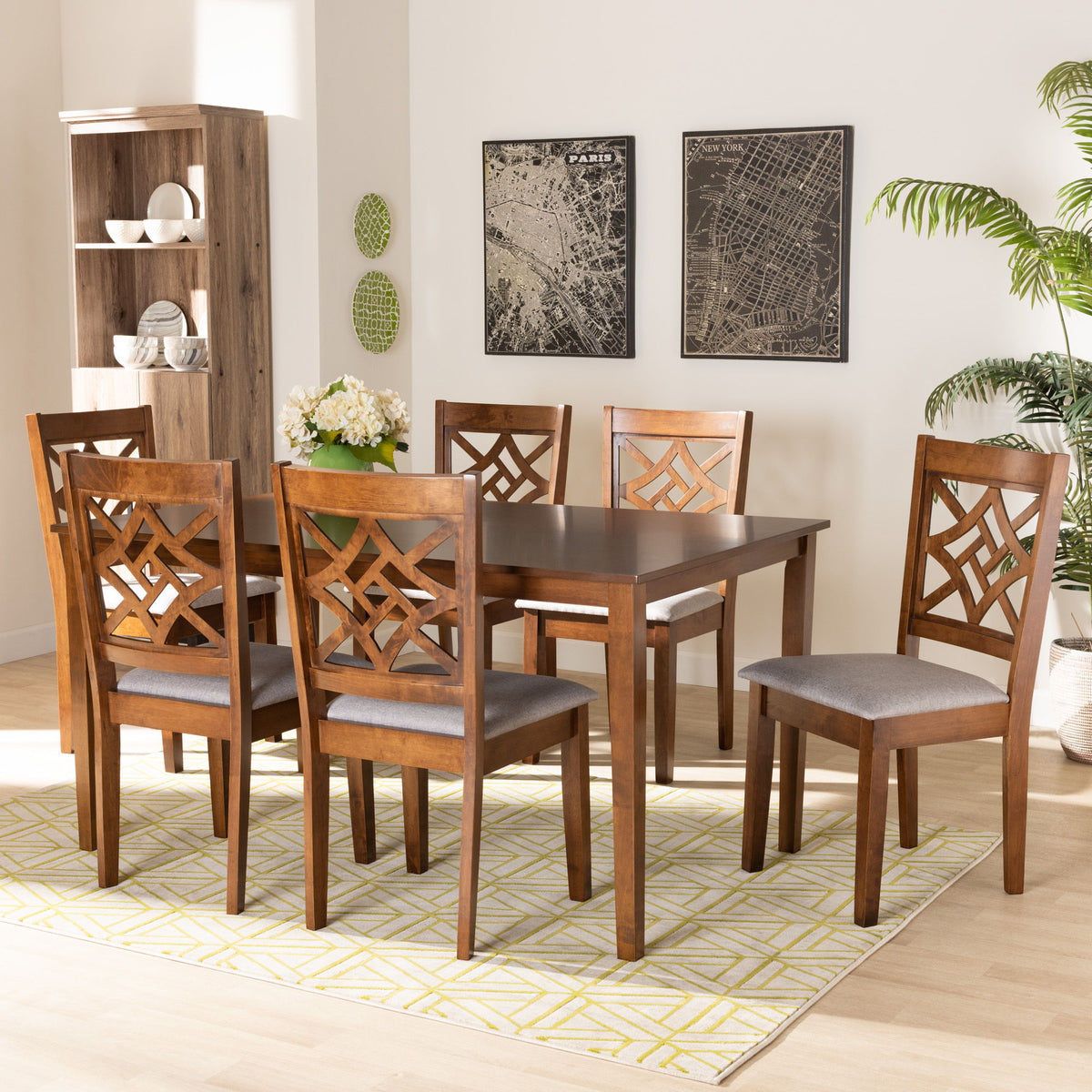 Nicolette Modern and Contemporary Grey Fabric Upholstered and Walnut Brown Finished Wood 7-Piece Dining Set