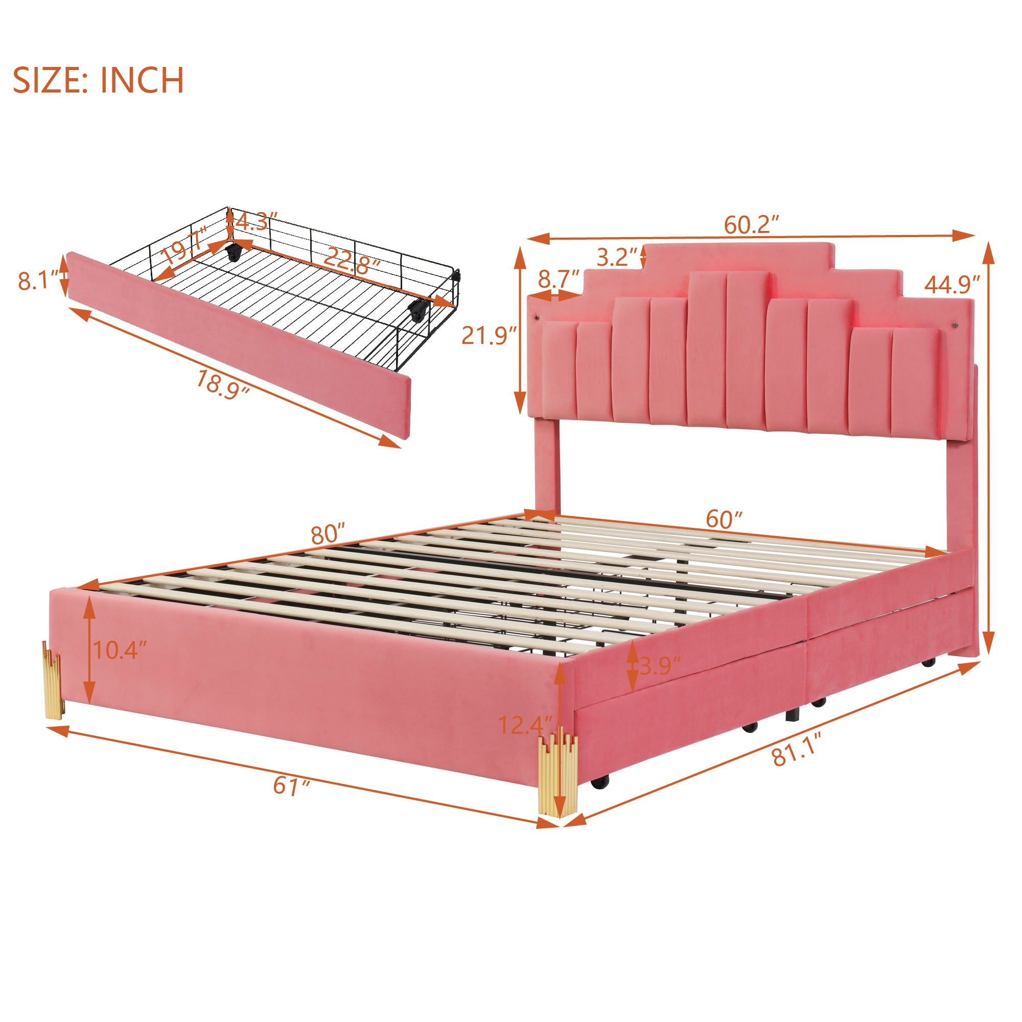 Queen Size Upholstered Platform Bed With LED Lights And 4 Drawers, Stylish Irregular Metal Bed Legs Design - Pink