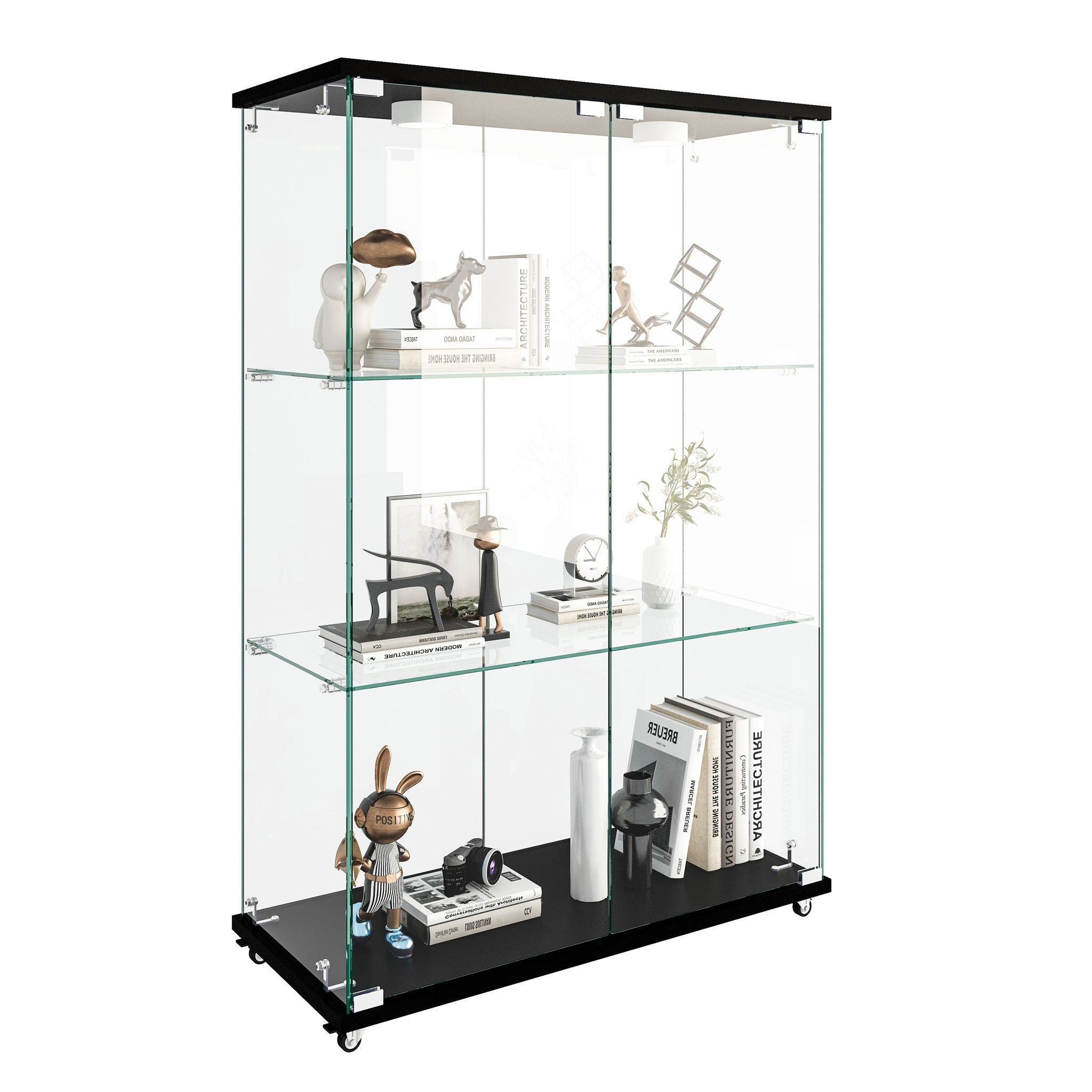 Modern Display Cabinet With LED Lights, Transparent Tempered Glass 2 Door Storage Case With 3 Shelves