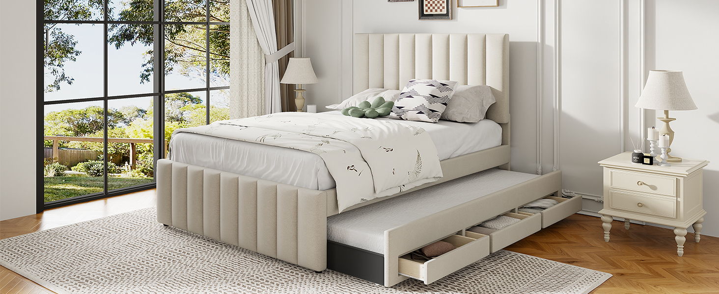 Upholstered Platform Bed With Twin Size Trundle And 3 Drawers