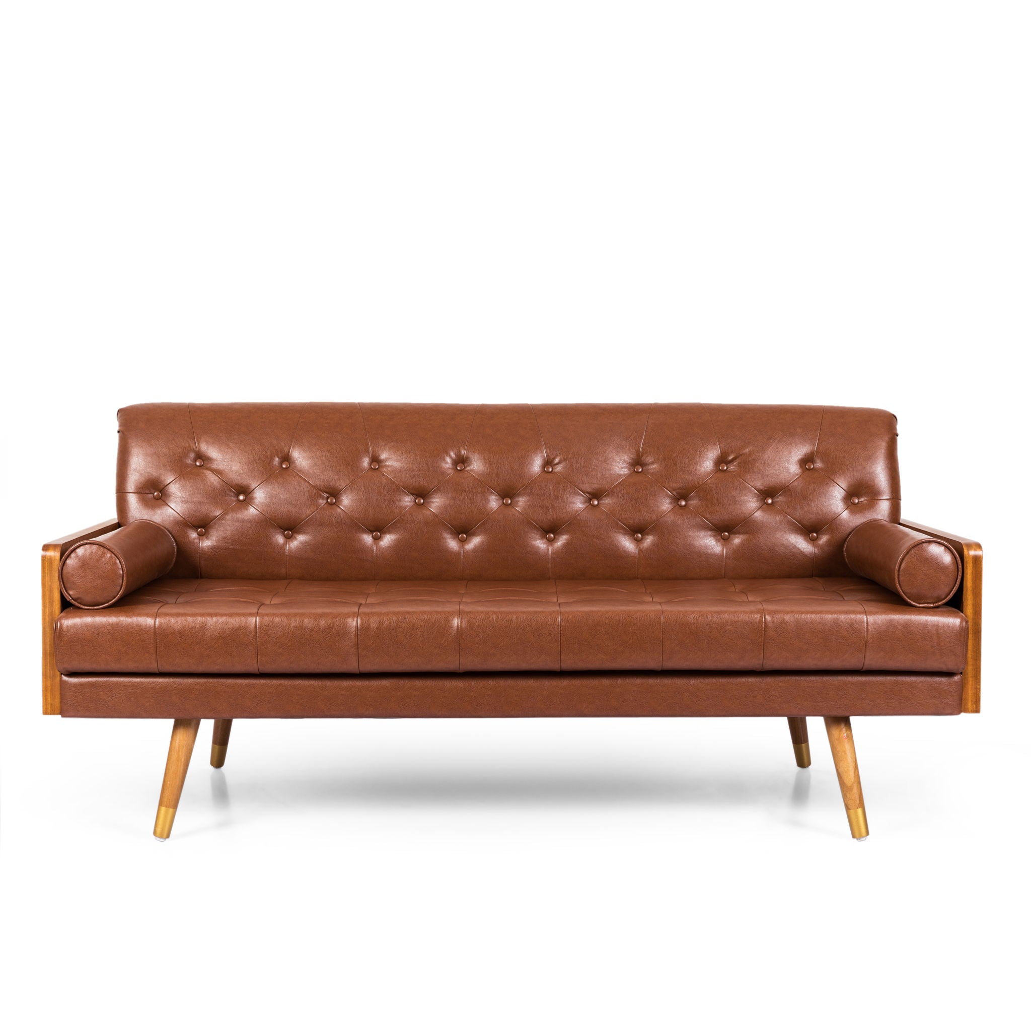 Adelaide - Mid Century Modern Tufted Sofa With Rolled Accent Pillows - Light Brown