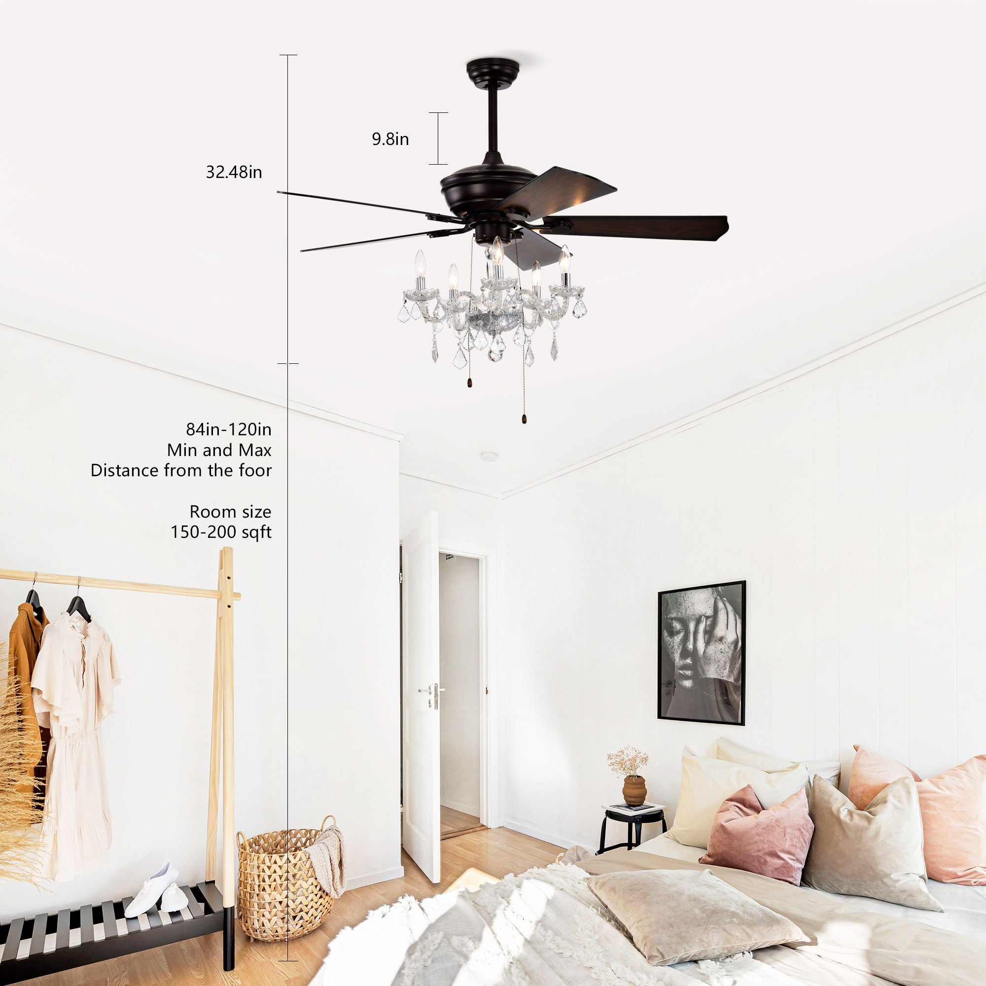52" Crystal Shade Ceiling Fan Lamp, 3 Speed, 4 Timing, 5 Reversible Blades Crystal Ceiling Fan, 5 Pieces X E12 (No Include Bulb), Hand Pull Chain - Matte Black