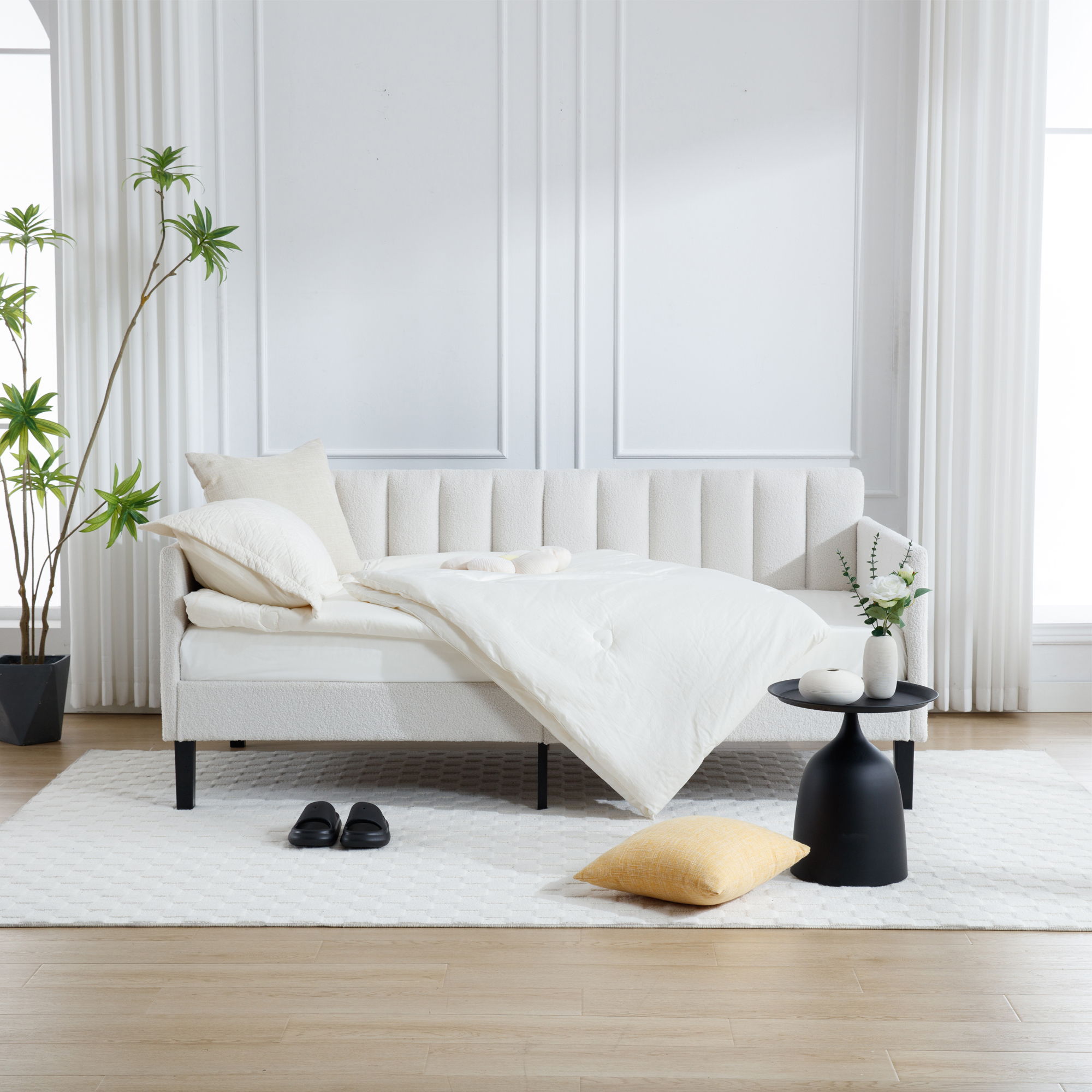 Elena - Boucle Upholstered Daybed, Ribbed Tufted Backrest