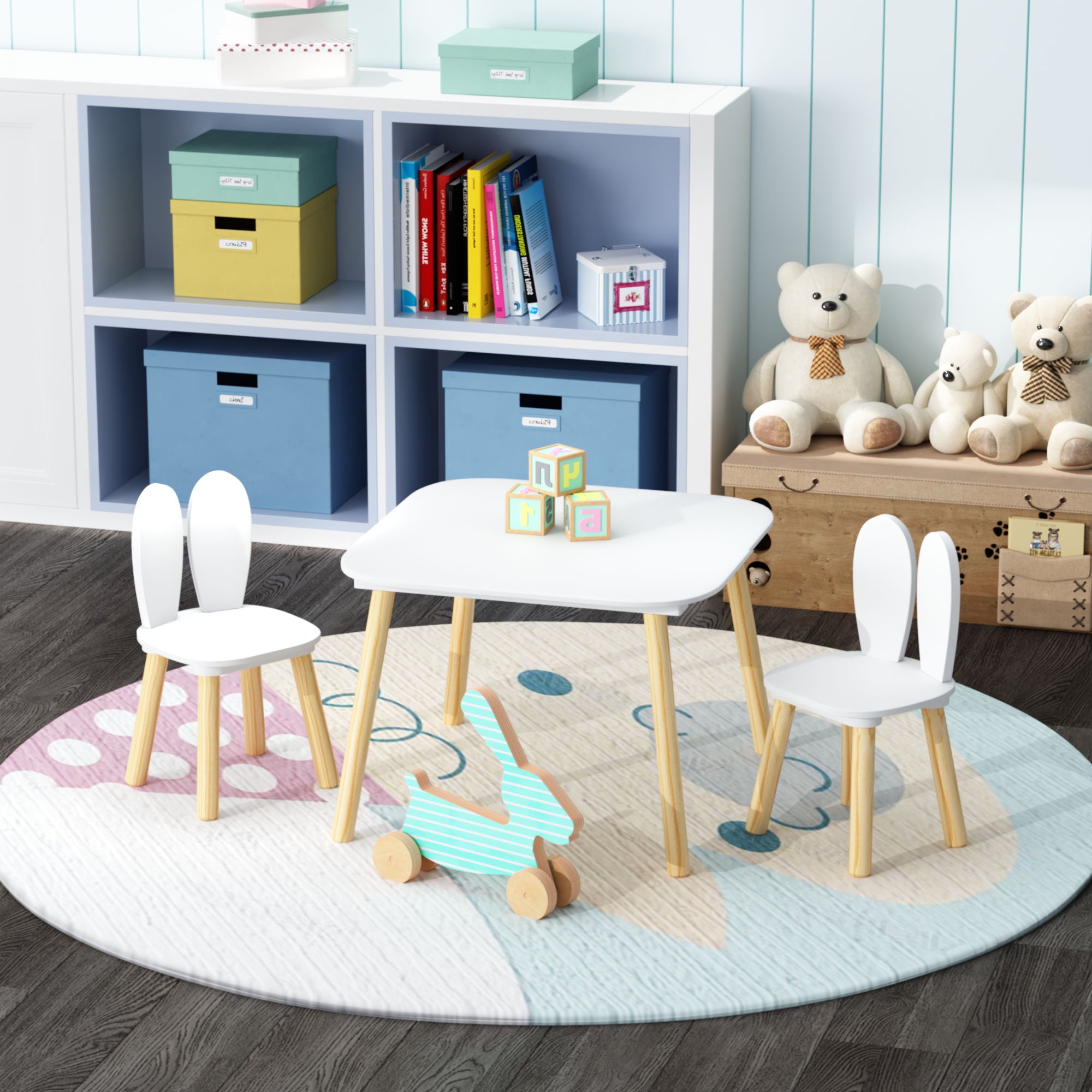 Rabbit Themed Table And 2 Chairs Set - White