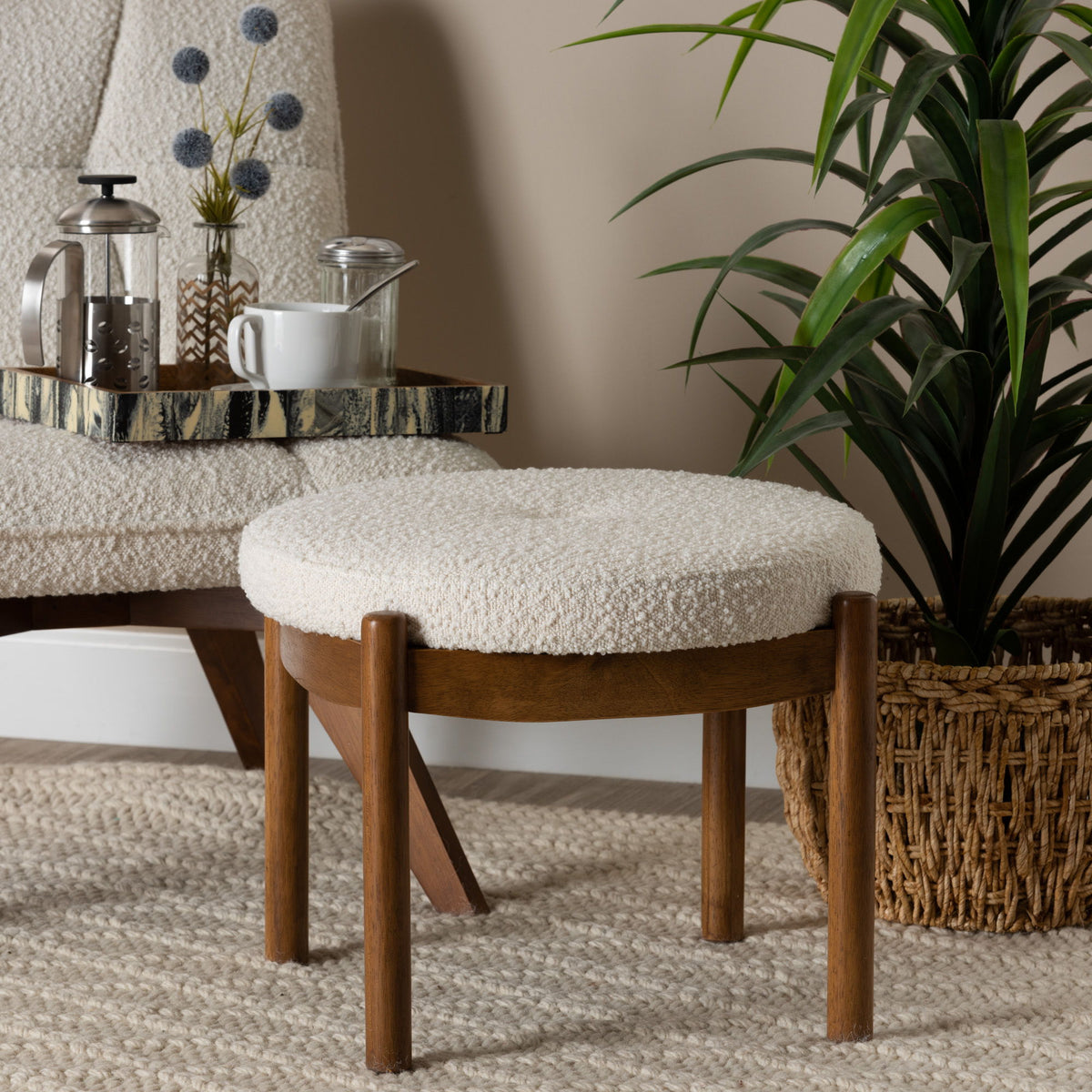 Iliana Japandi Cream Boucle Fabric and Walnut Brown Finished Rubberwood Ottoman Footstool