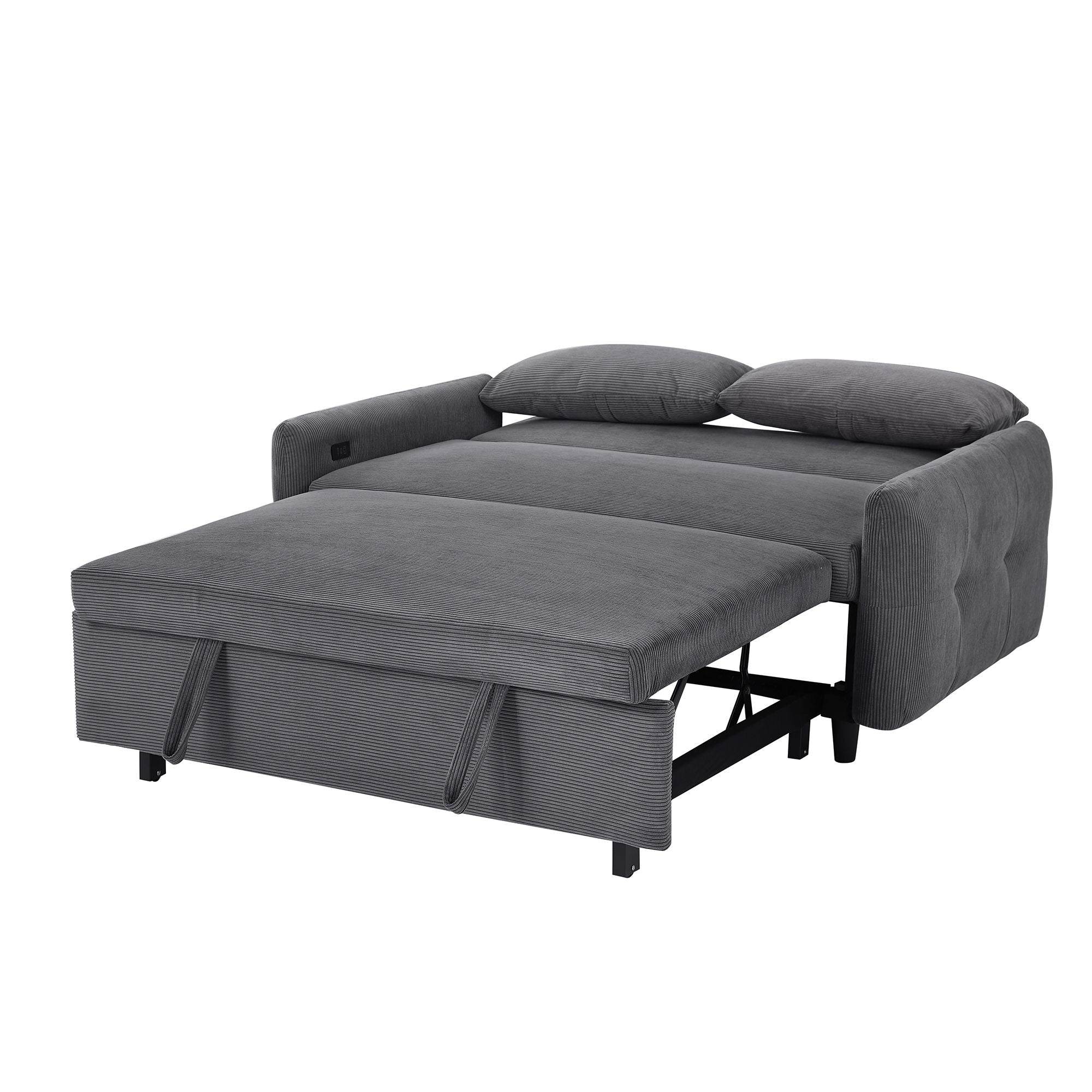 Pull-Out 2 Seat Modern Sleeper Sofa With 2 Throw Pillows And USB Ports