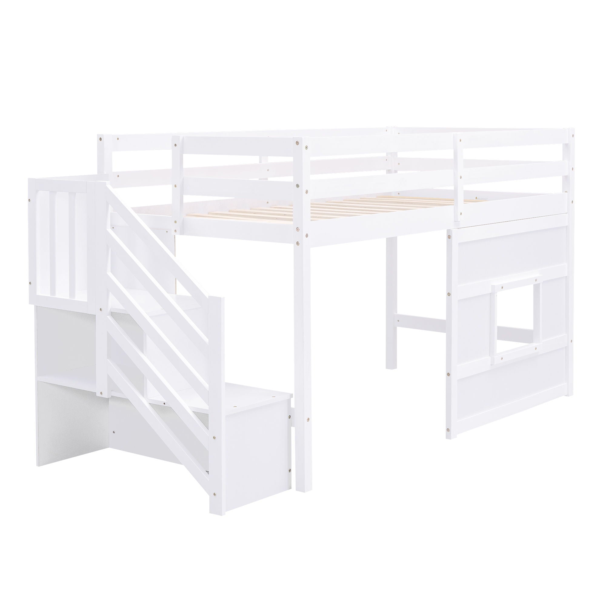 Loft Bed With Storage Staircase, Window & LED Light