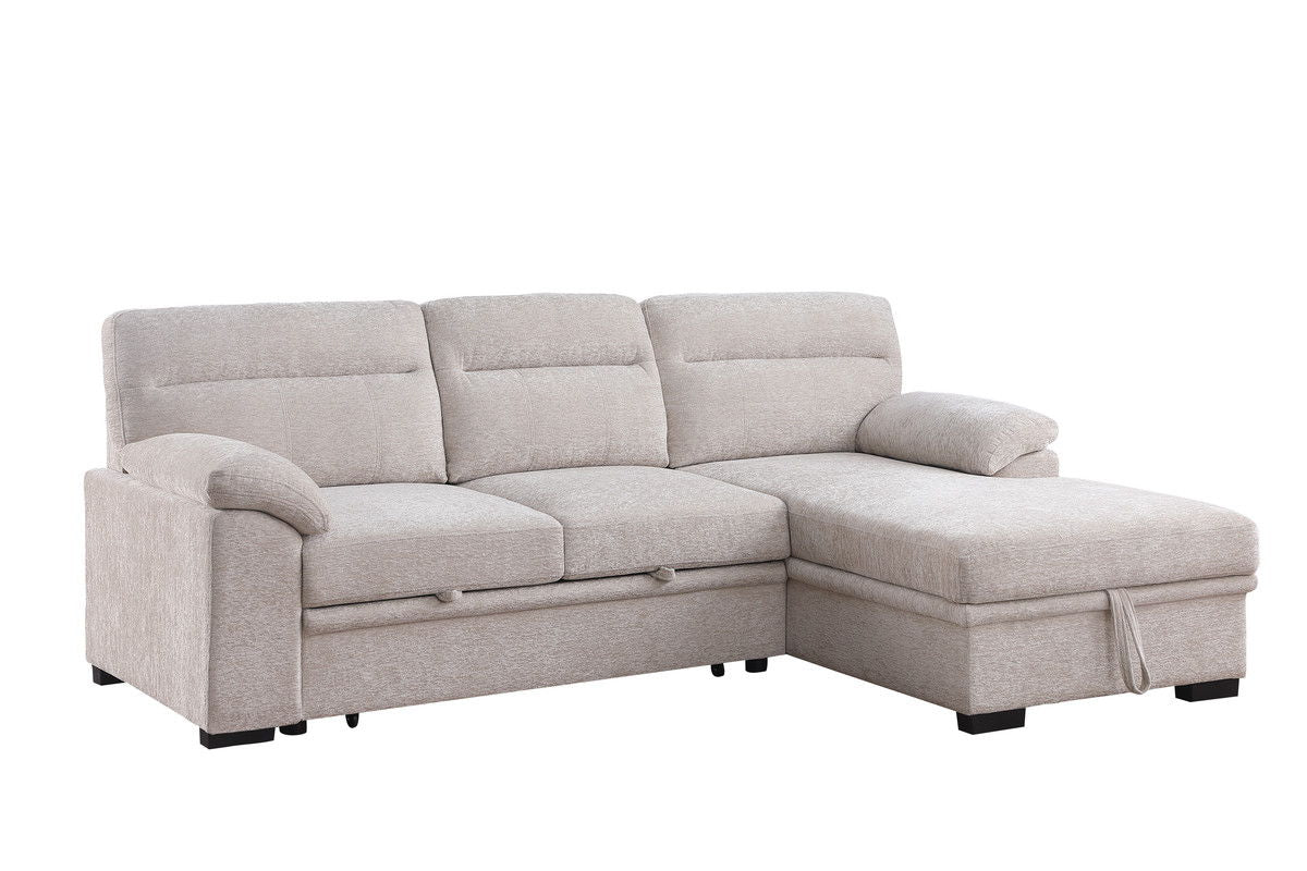 Kipling II 94"W Beige Chenille Fabric Sleeper Sectional Sofa with Right-Facing Chaise, Cupholders, USB Charging port