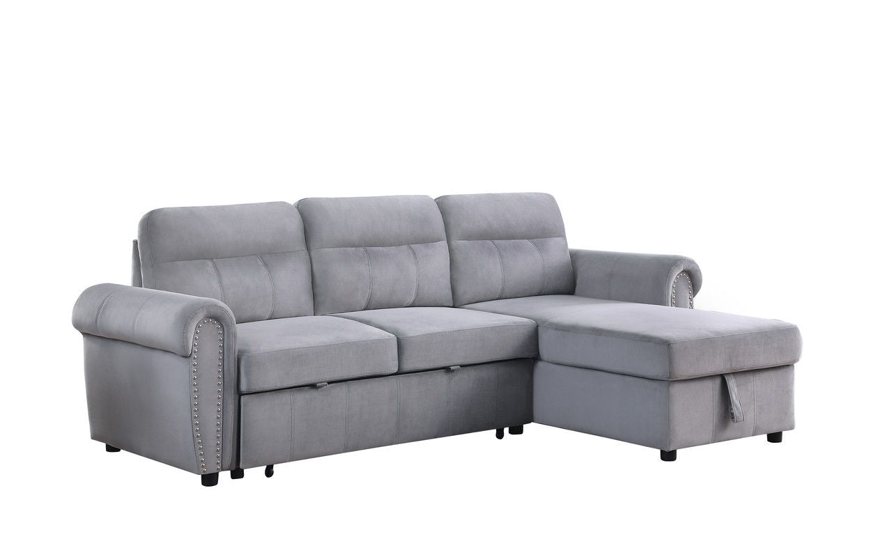 Ashton 96.5"W Gray Velvet Fabric Reversible Sleeper Sectional Sofa Chaise