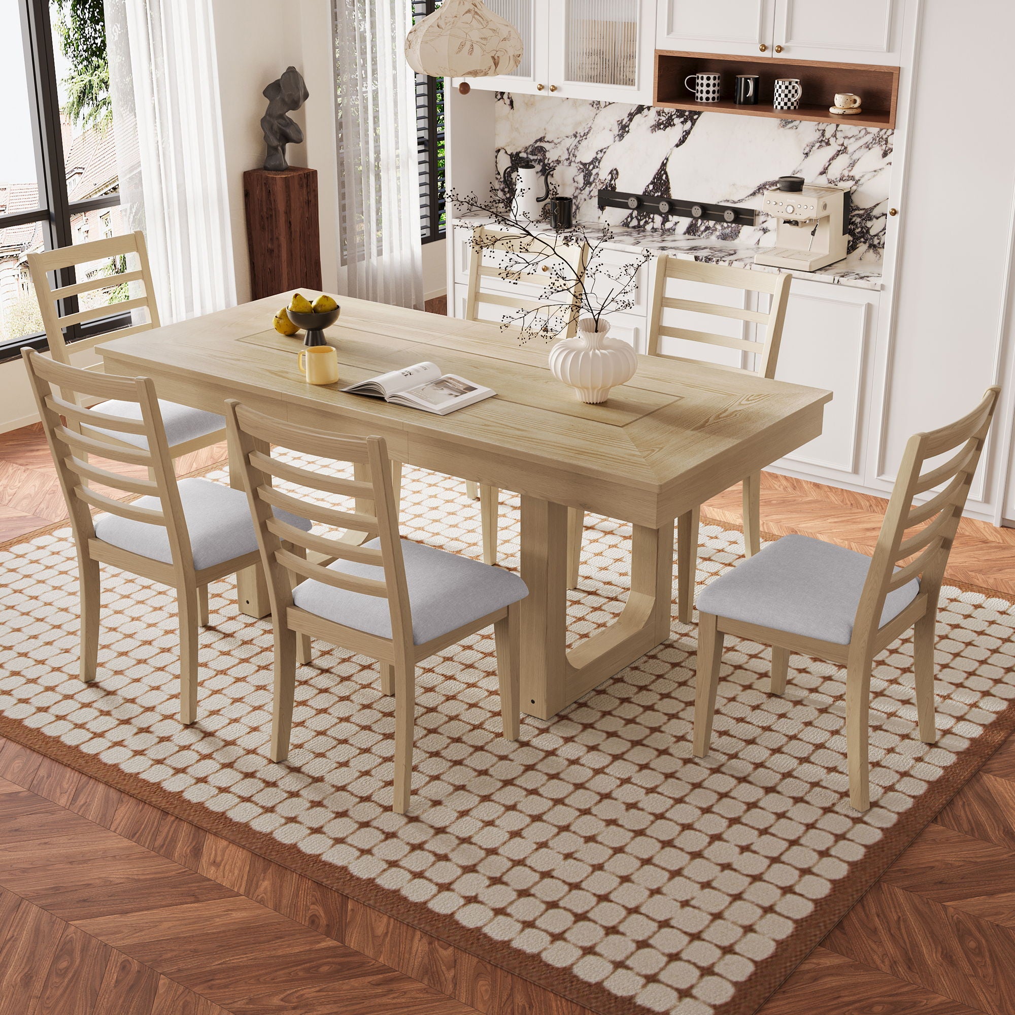 Extendable Dining Set, Farmhouse Extendable Table With Upholstered Chairs