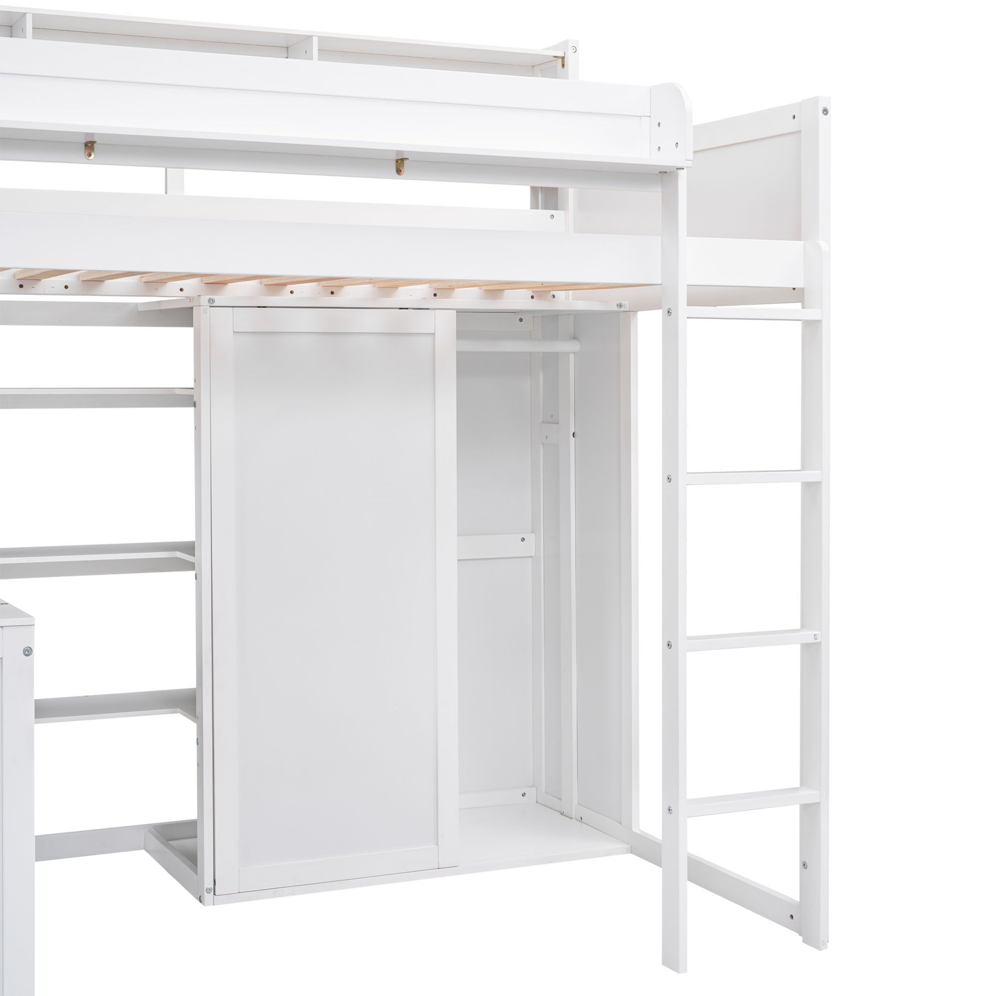 Loft Bed With Built In Desk, Storage Shelves, And Wardrobe