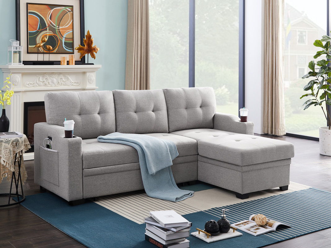Mabel 83"W Light Gray Linen Fabric Sleeper Sectional with cupholder, USB charging port and pocket