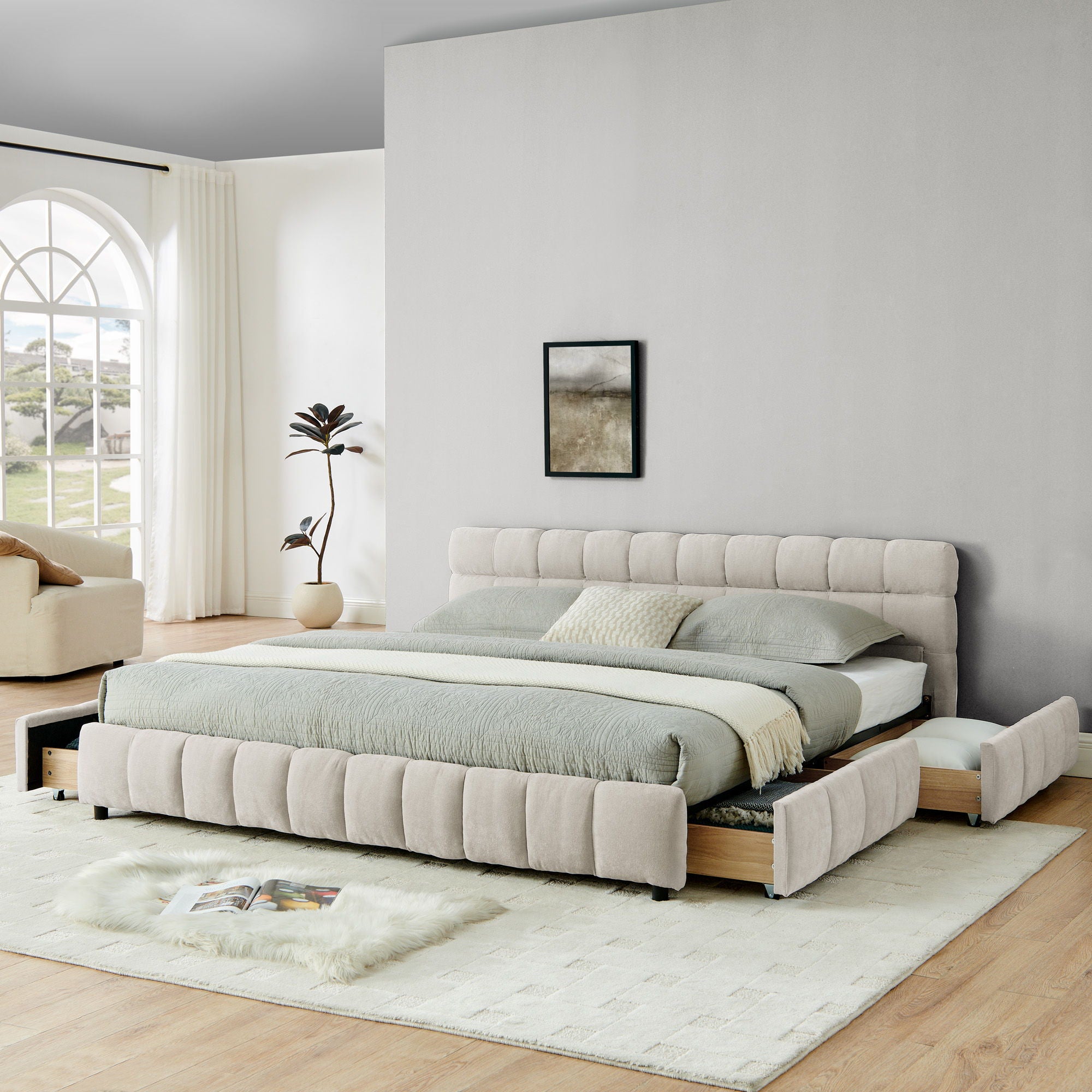 Modern Platform Bed Frame With Thick Chenille Fabric