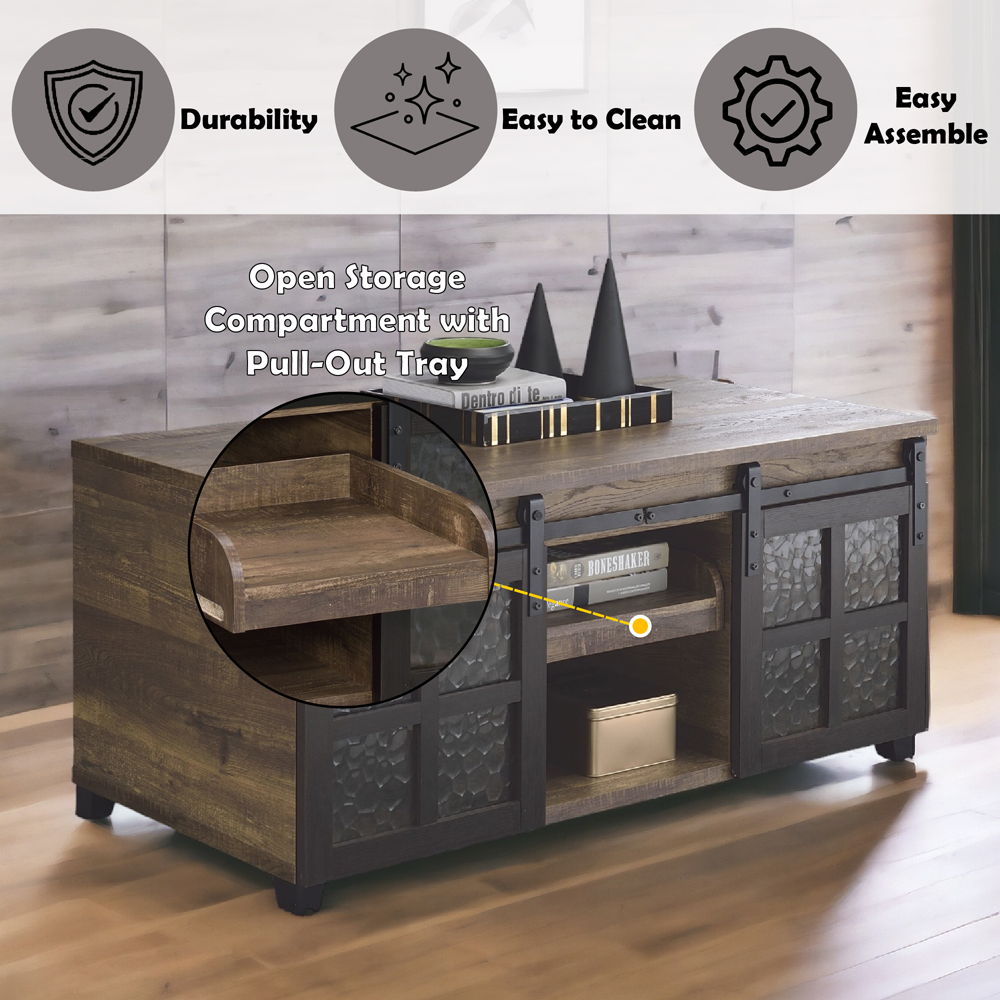 Nineel - Coffee Table - Obscure Glass, Rustic Oak & Black