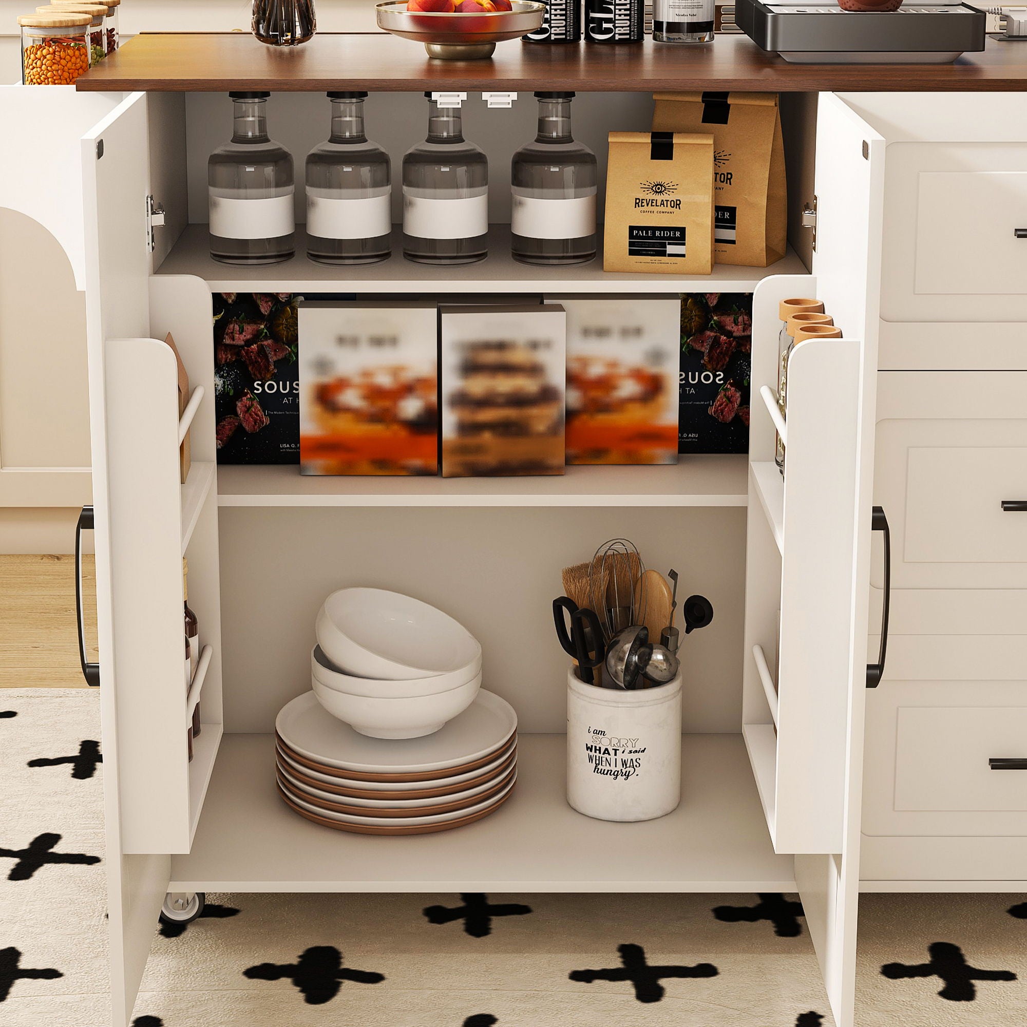 Kitchen Island Cart With Foldable Tabletop & Drop Leaf Mobile Breakfast Bar With Wood Top And Storage - White / Walnut