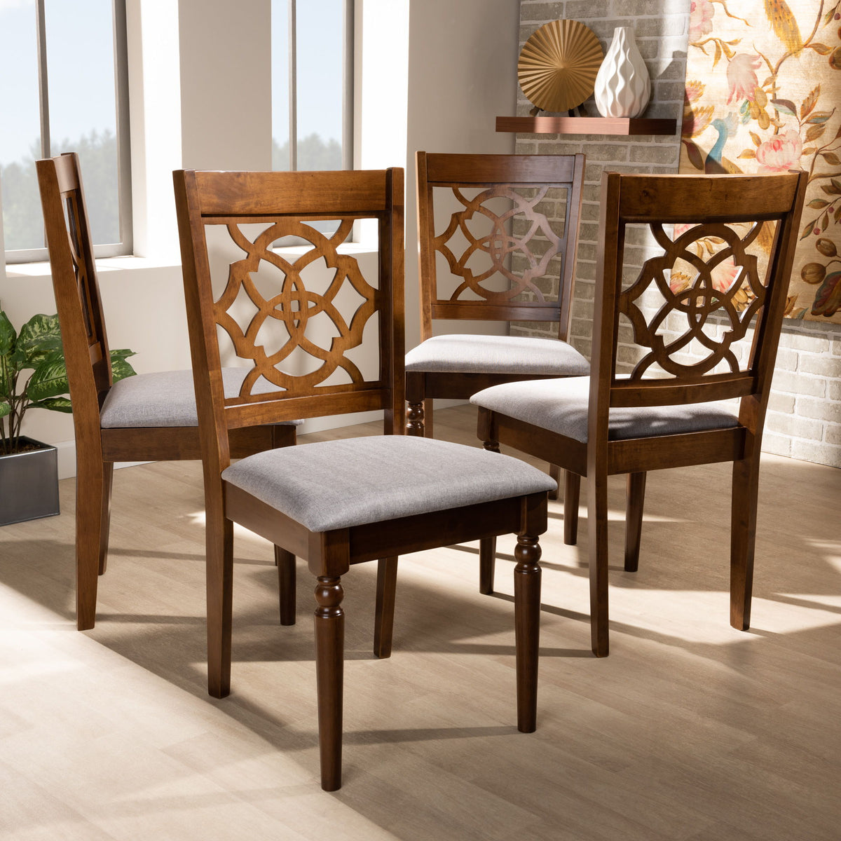 Lylah Modern and Contemporary Grey Fabric Upholstered and Walnut Brown Finished Wood 4-Piece Dining Chair Set