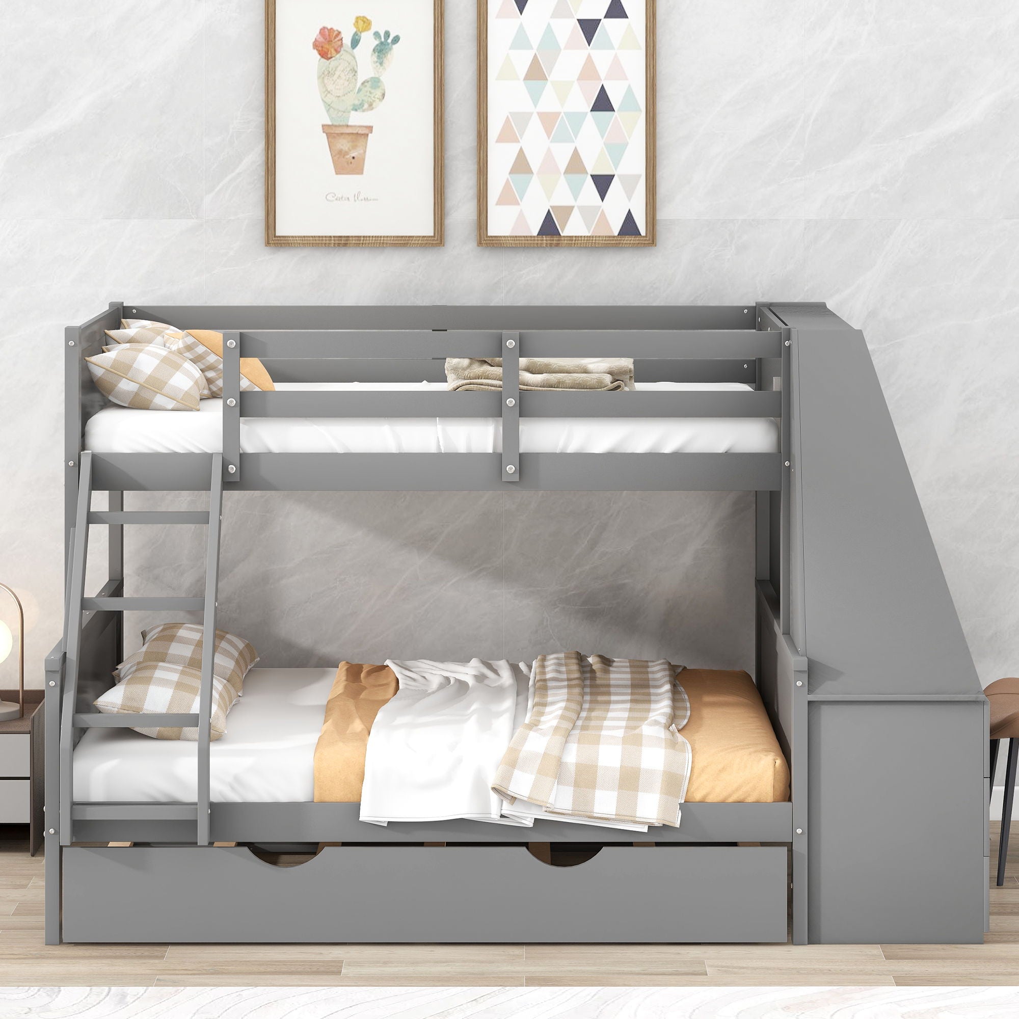 Bunk Bed With Trundle And Built In Desk, 3 Storage Drawers And Shelf